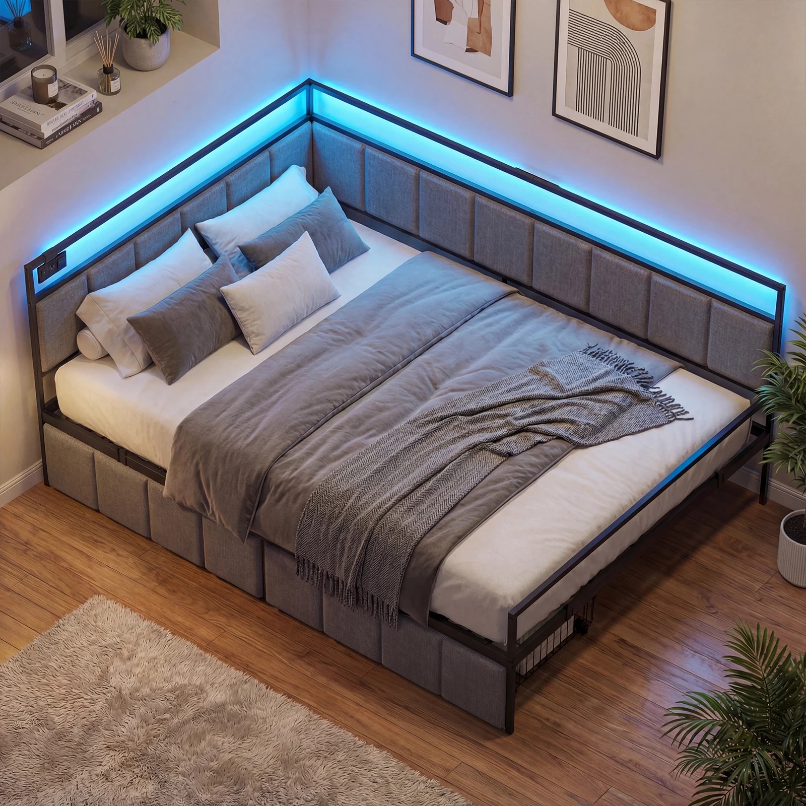 10 Advwin Double Corner Bed Frame with Charging Station and LED Light - Grey, 10 of 10