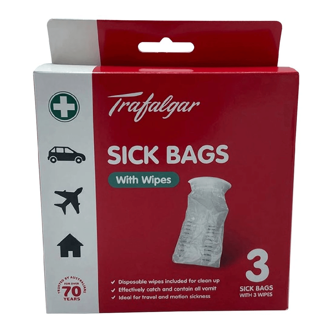 1 Trafalgar Sick Bags with Wipes 1500ml 3 Pack, 1 of 7