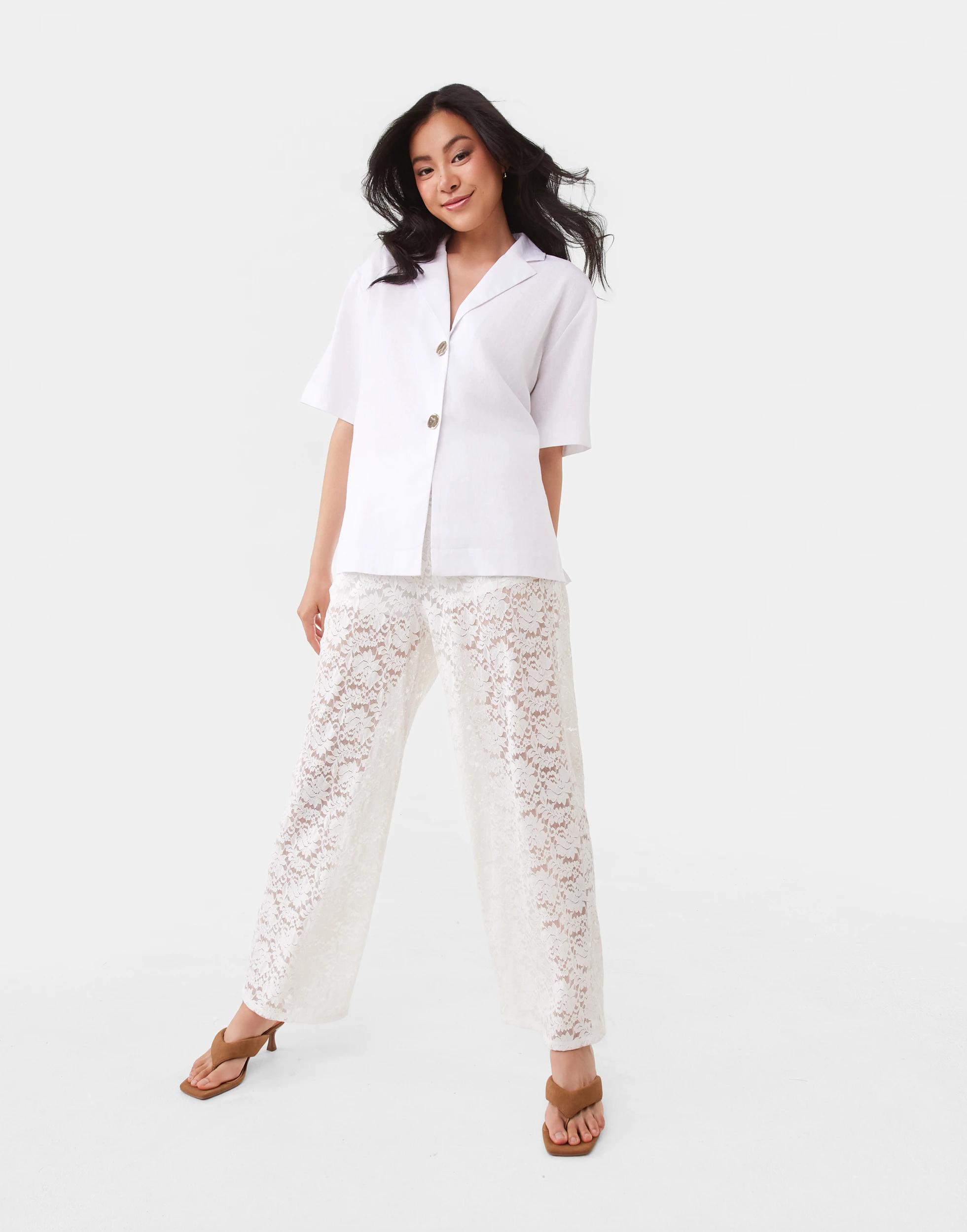 2 Short Sleeve Linen Blend Gold Button Top White, 2 of 10