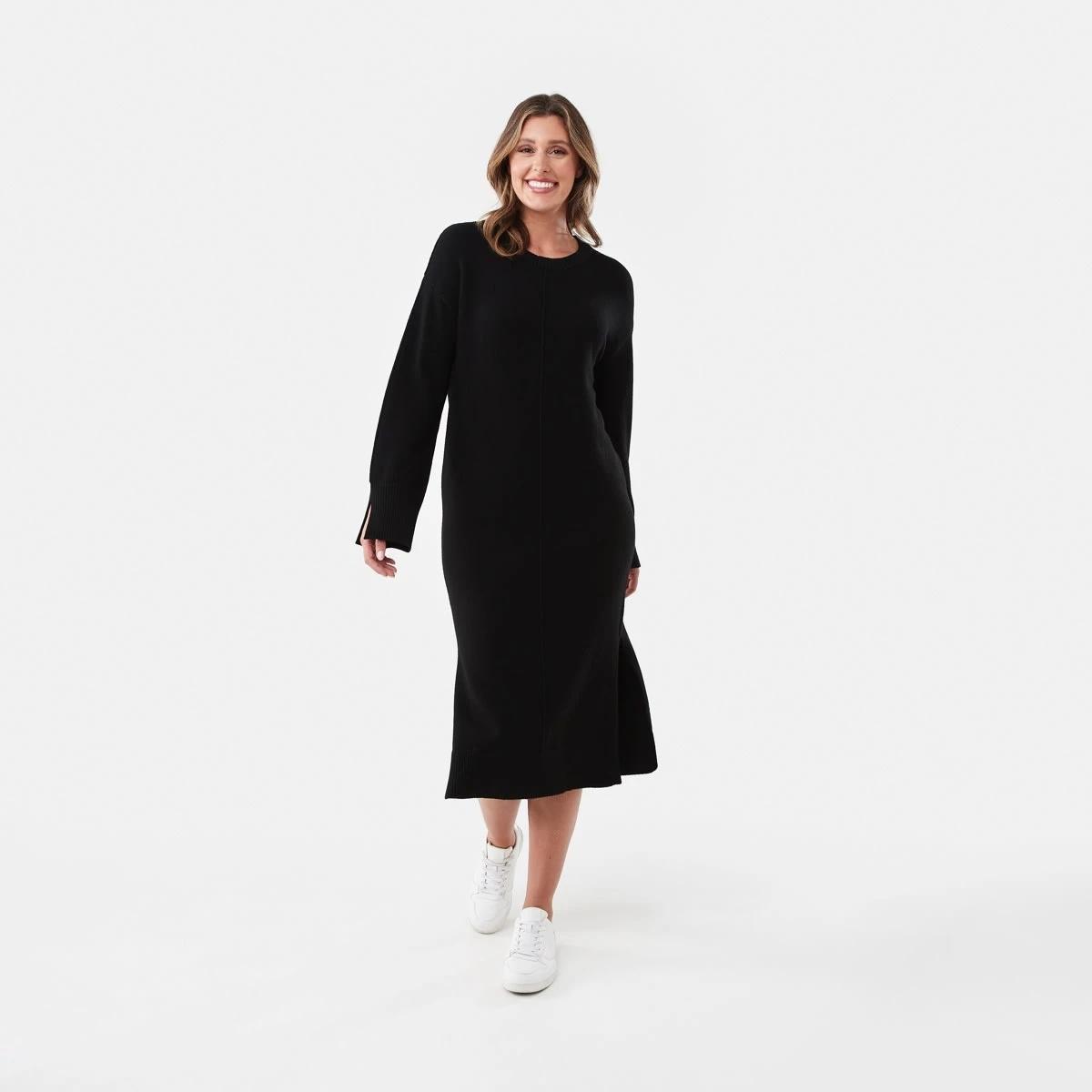 1 Long Sleeve Crew Neck Seam Detail True Knit Midi Dress Black, 1 of 7
