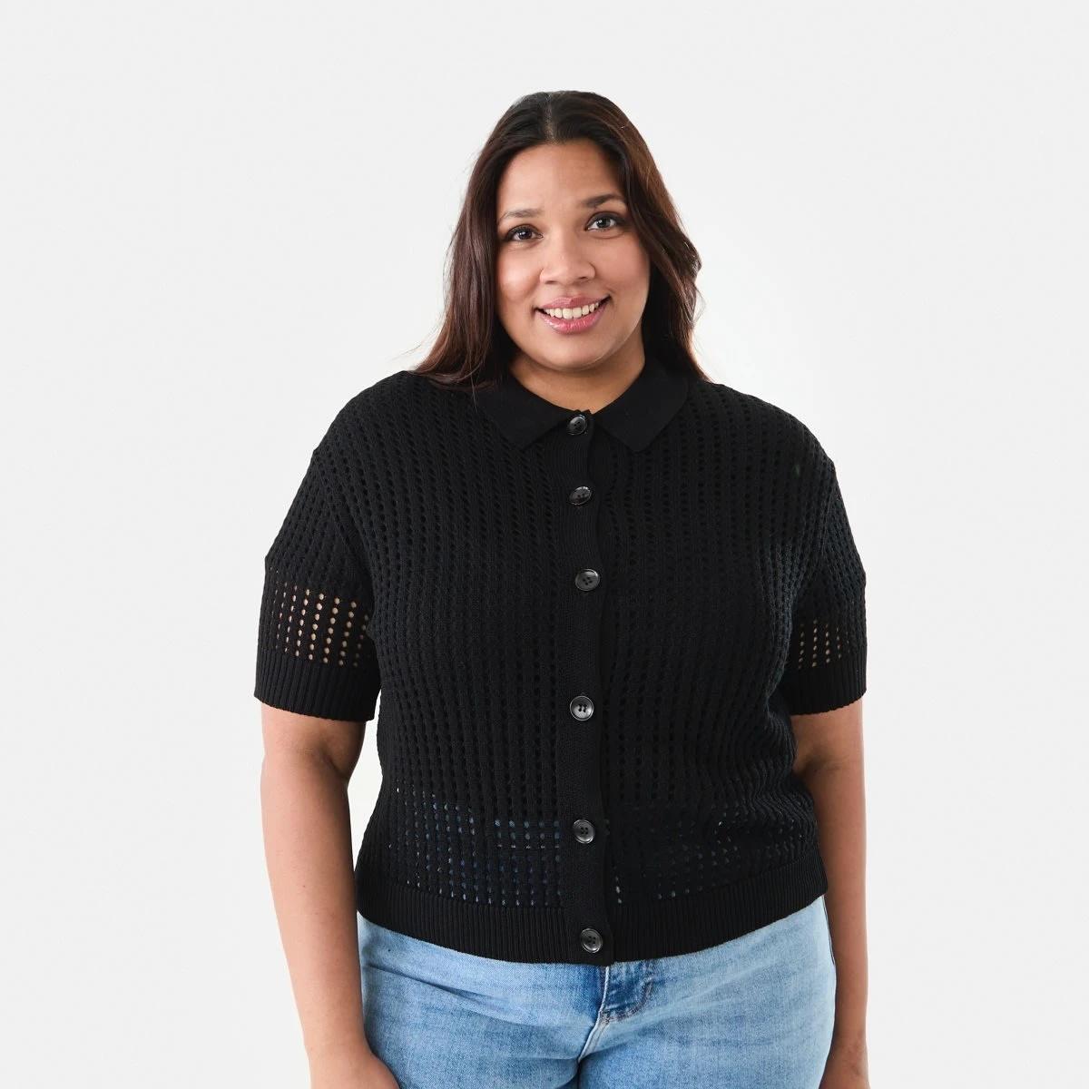 1 Curve Short Sleeve Collared Cardigan Black, 1 of 7