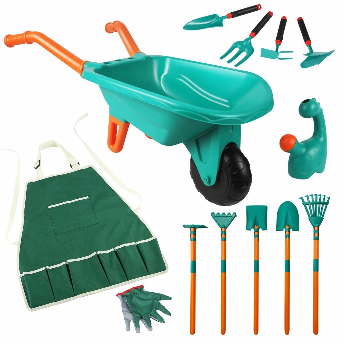 1 AUSWAY Kids Garden Tool Toy Playset Wheelbarrow Rake Hoe Shovel, 1 of 4