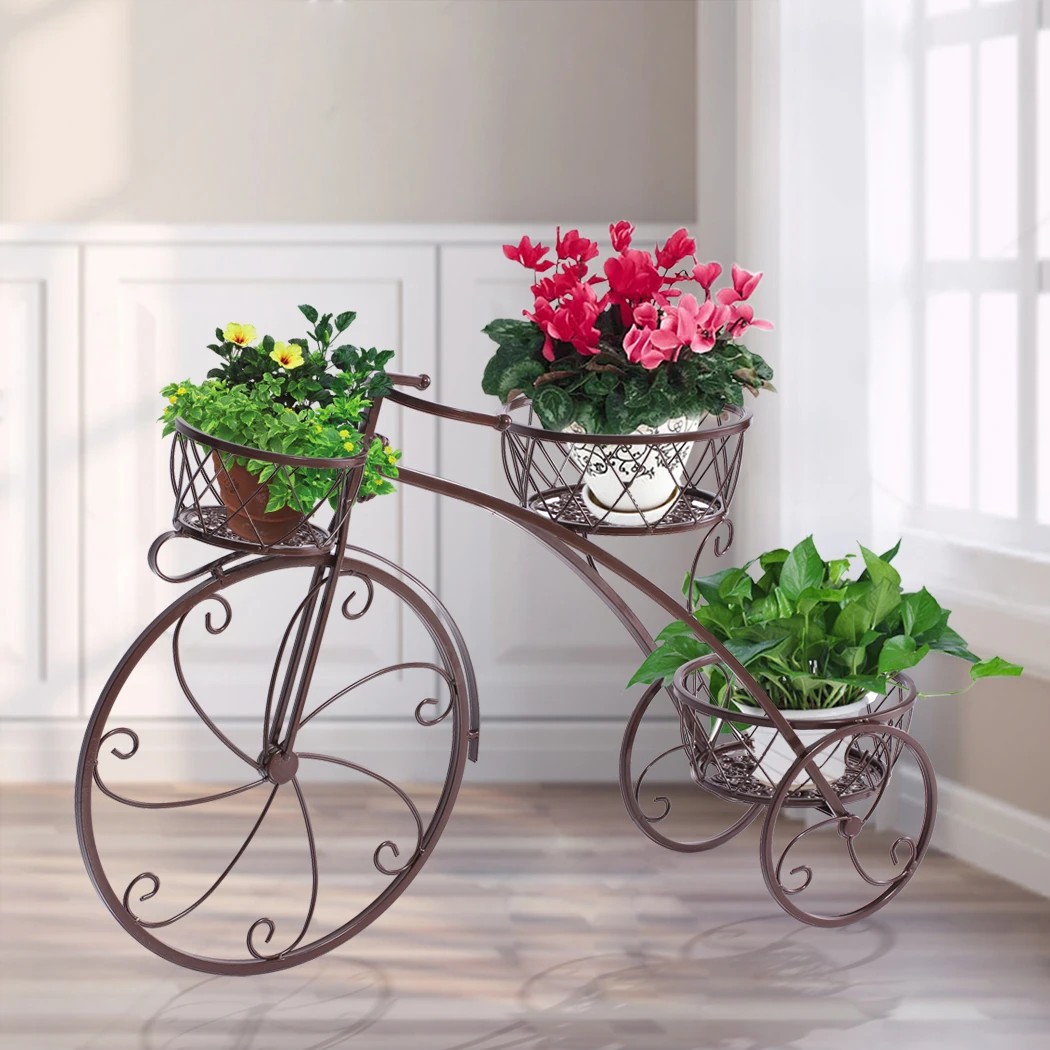8 Levede Bicycle Shape Metal Plant Stand with 3 Plant Pots Space - Bronze, 8 of 8
