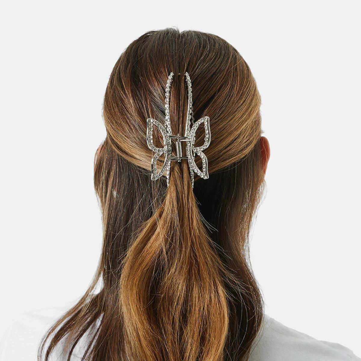 3 Silver Tone Diamante Butterfly Claw Hair Clip Silver, 3 of 5