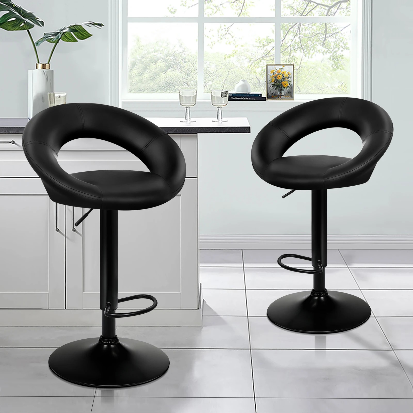 2 Alfordson 2x Bar Stools Ovadia Kitchen Swivel Chair Leather Gas Lift - All Black, 2 of 8