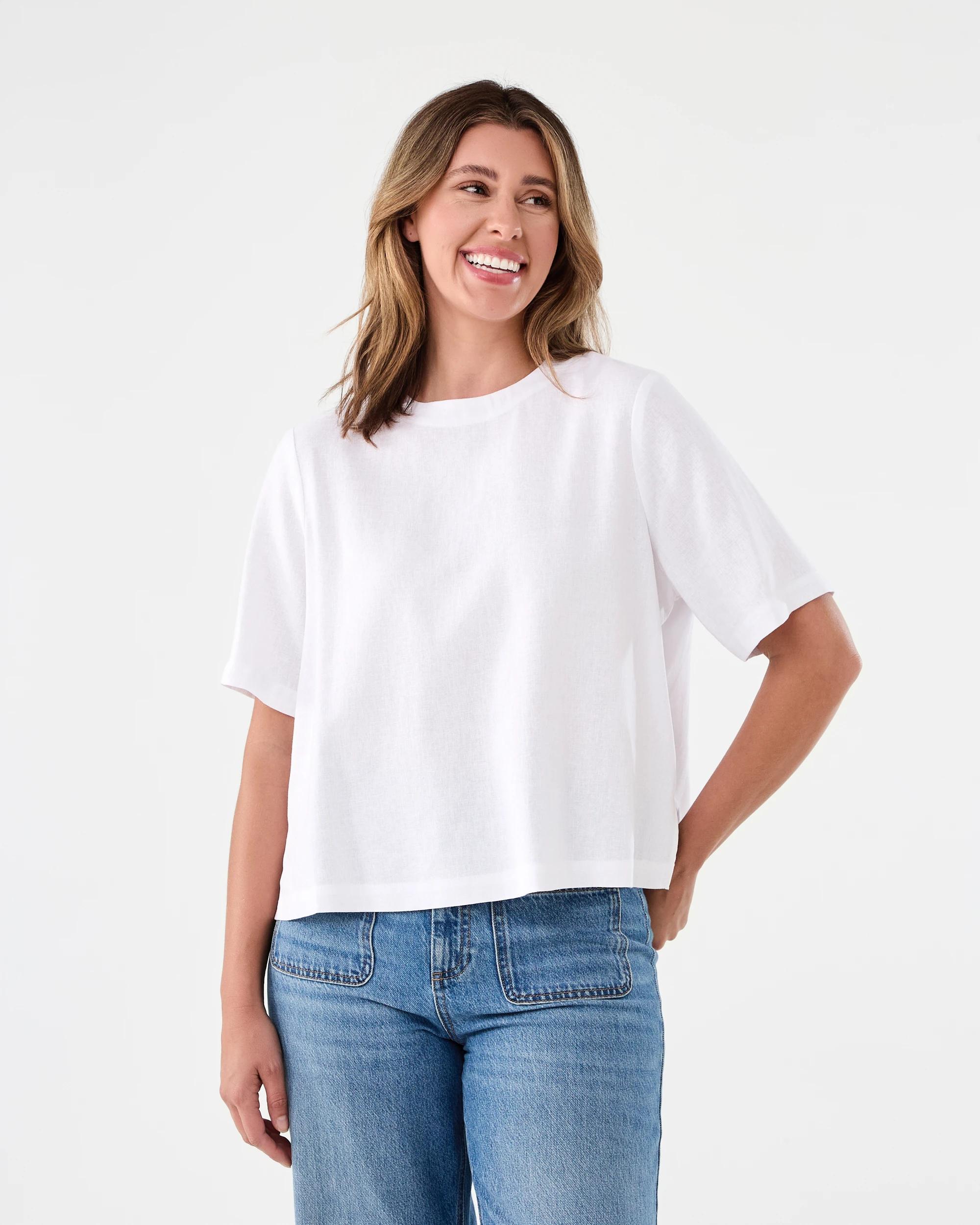 1 Short Sleeve Linen Blend Boxy Top White, 1 of 7