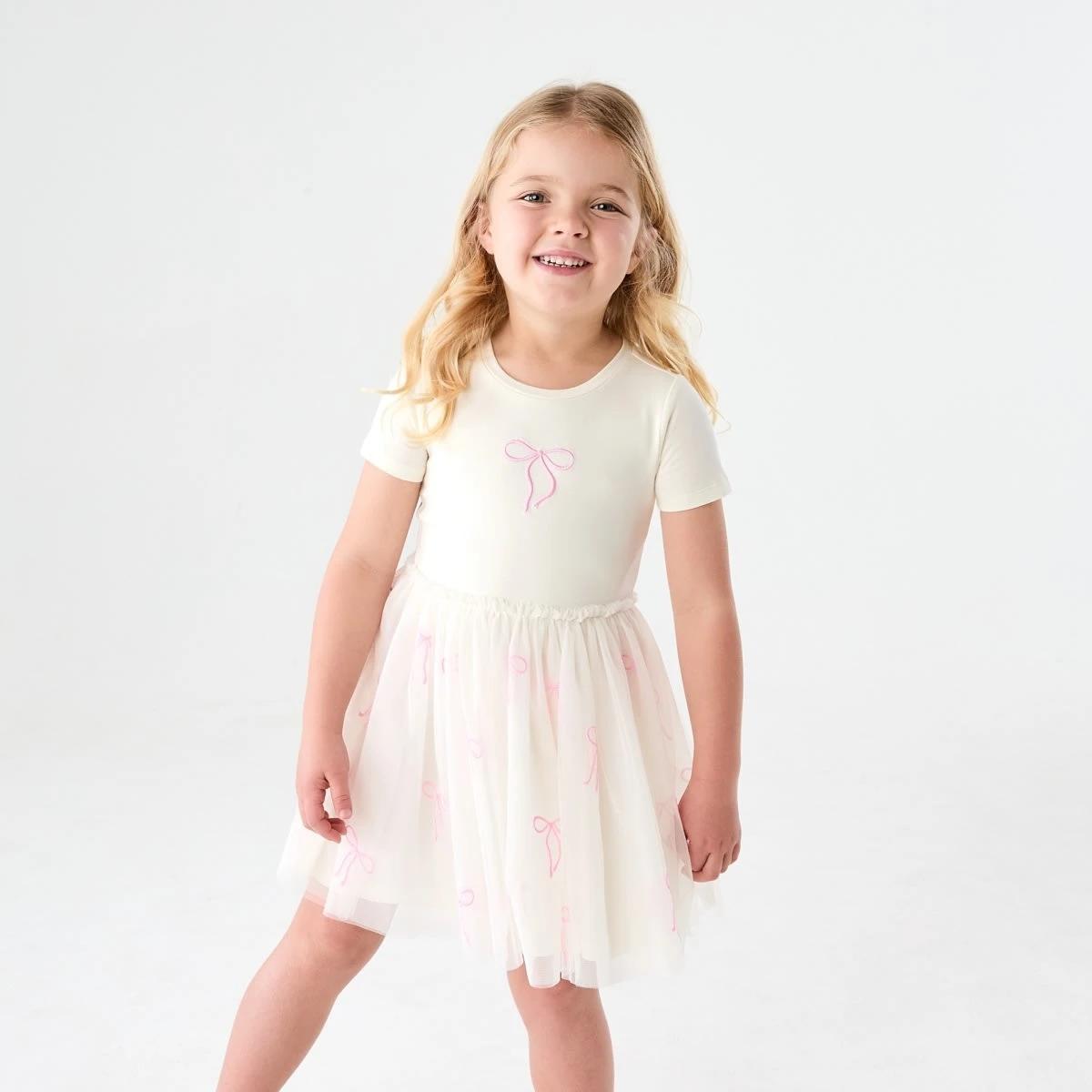 1 Short Sleeve Tutu Dress RIBBON BOW EMB BUTTER BIEGE, 1 of 8