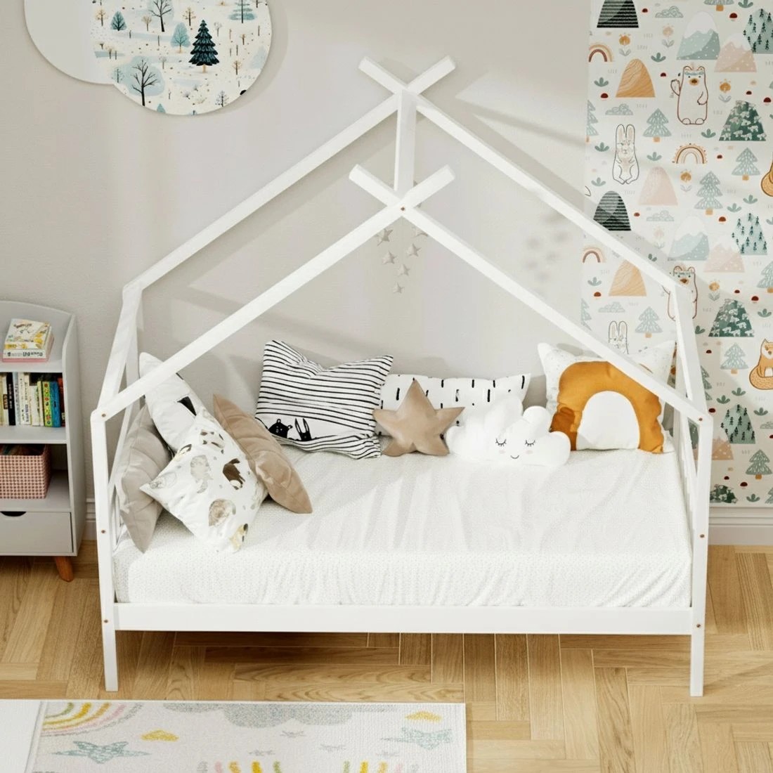 8 Artiss Bed Frame Wooden Base Kids Single Timber House Beds - White, 8 of 10