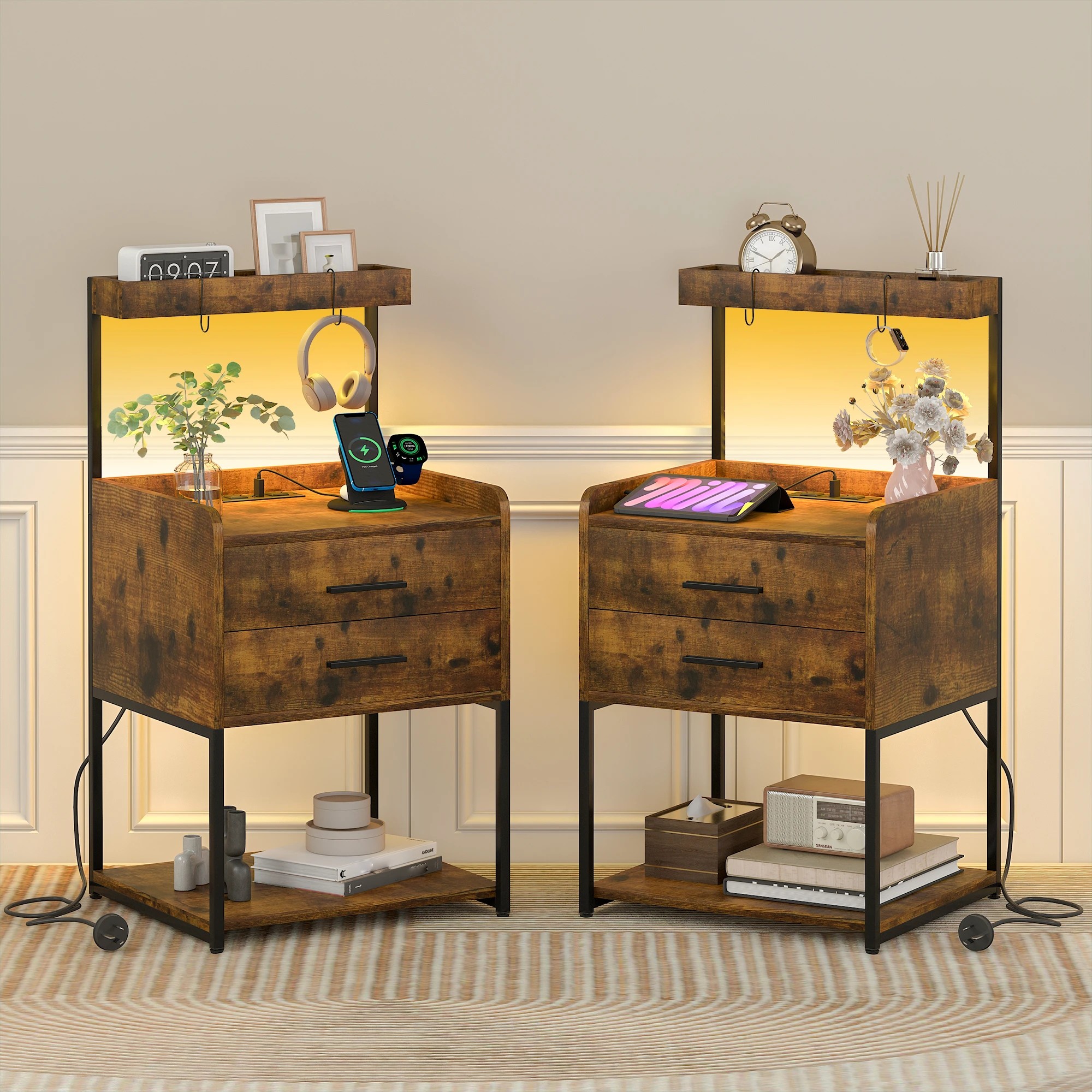 2 Advwin Set of 2 Bedside Table with Charging Station LED Lights Drawers - Brown, 2 of 10