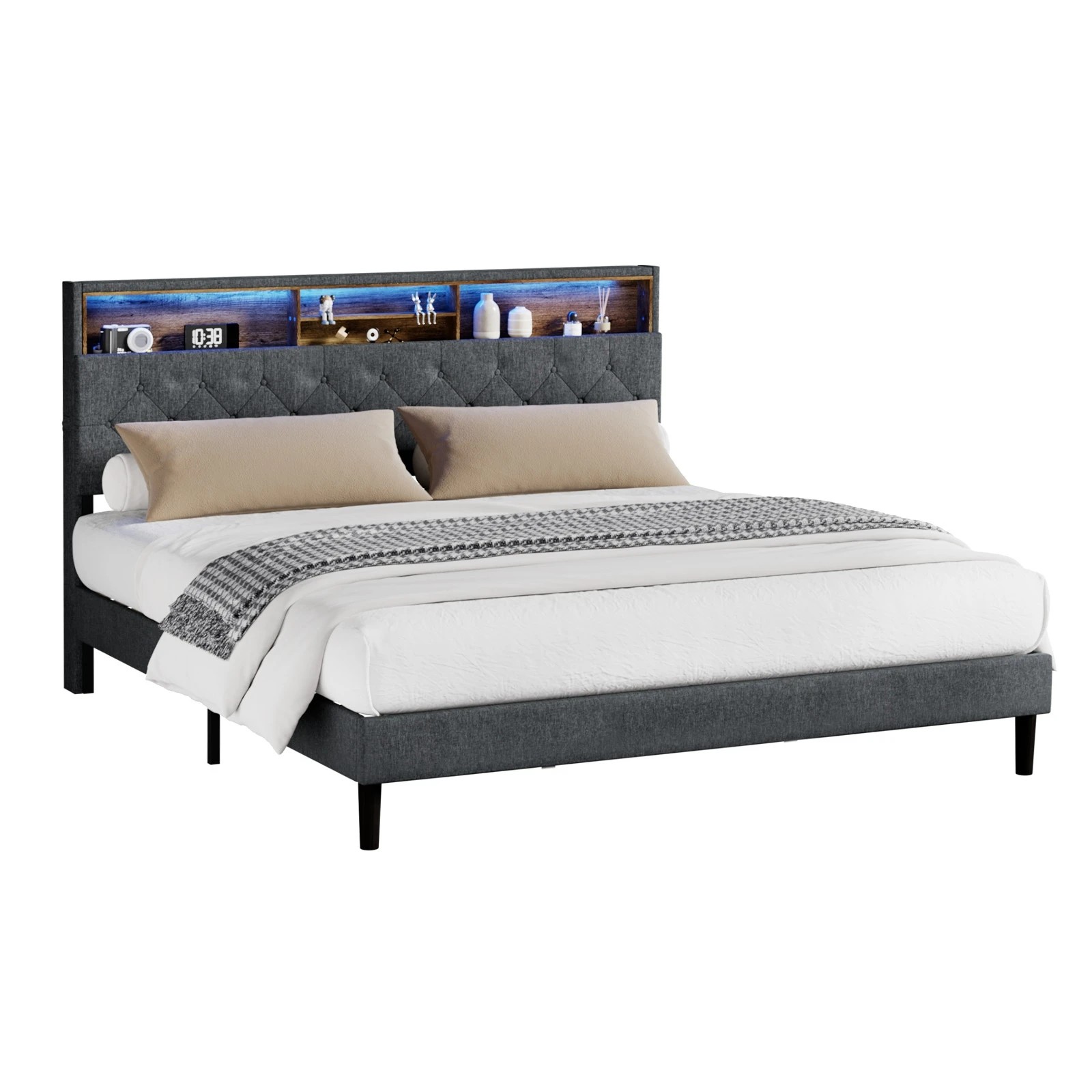1 Oikiture King Bed With Led Storage Bedhead Bed Frame
 - Grey, 1 of 10