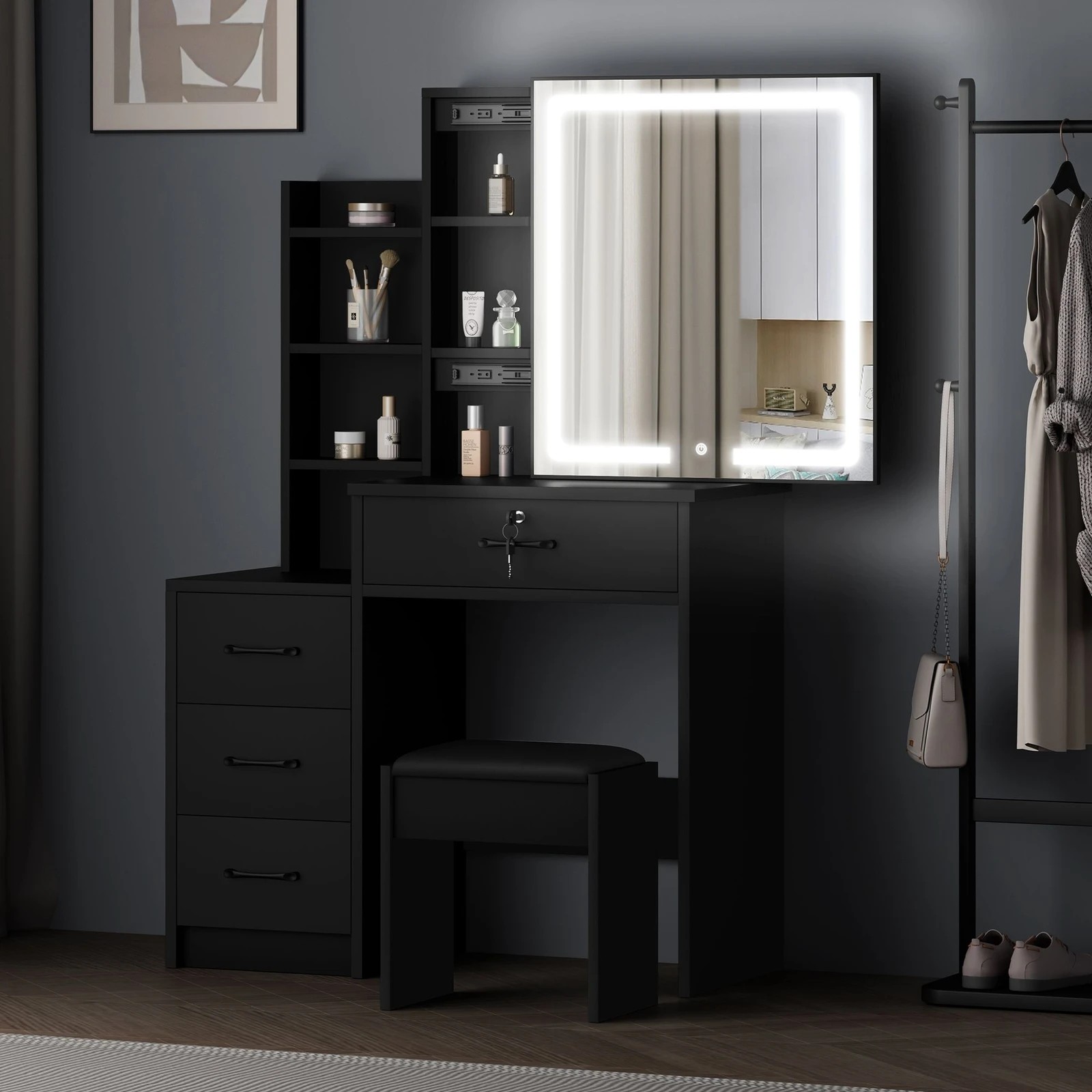 6 Alfordson Dressing Table Stool Set Makeup Mirror Vanity Desk Drawers - Black, 6 of 10