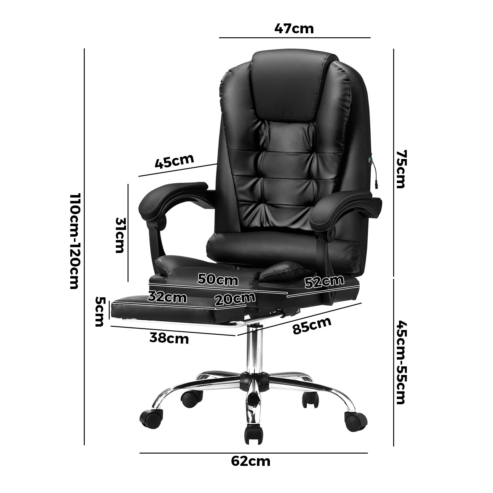 2 Oikiture Massage Office Chair Executive Gaming Racing Chairs PU with Footrest - Black, 2 of 6