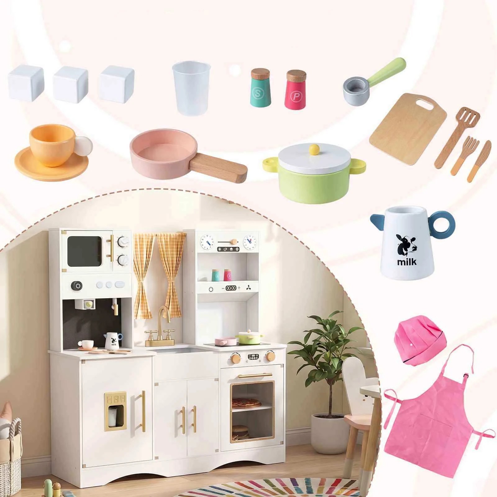 3 Costway Kitchen Playset Wooden Cooking Pretend Toy Set - White, 3 of 3