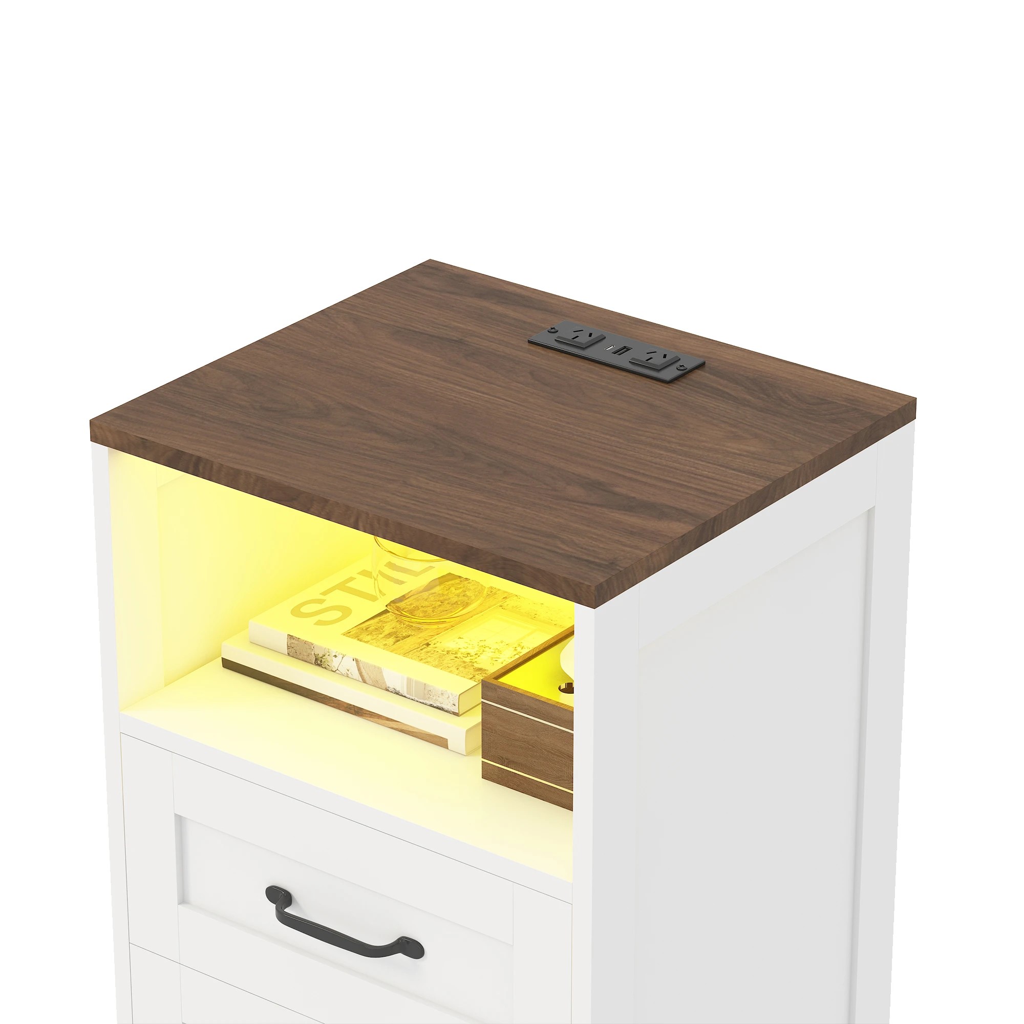 5 Advwin Set of 2 Farmhouse Bedside Table with 2 Drawers, Charging Station & LED Light - White, 5 of 8