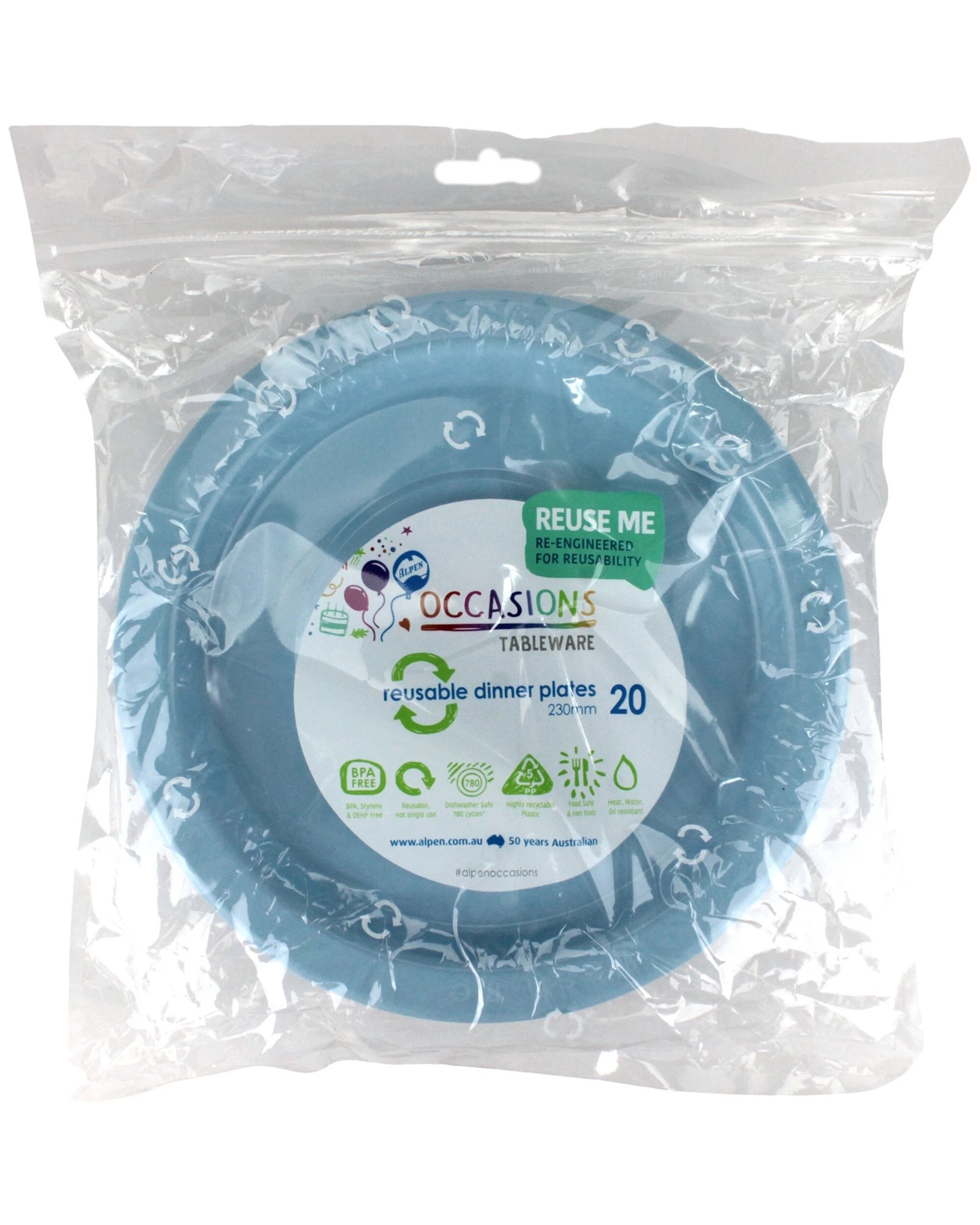 2 Alpen 23cm Reusable Plates Pack of 20 - Ice Light Blue - Light Blue, 2 of 3