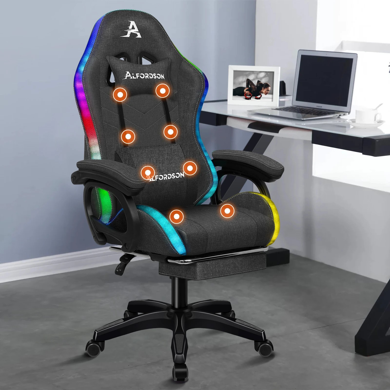 3 Alfordson Gaming Chair Office 12 RGB LED Massage Computer Seat Fabric - Grey, 3 of 10