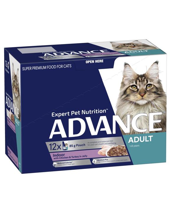 Advance Adult 1+ Indoor Wet Cat Food w/ Chicken & Turkey in Jelly 12 x 85g