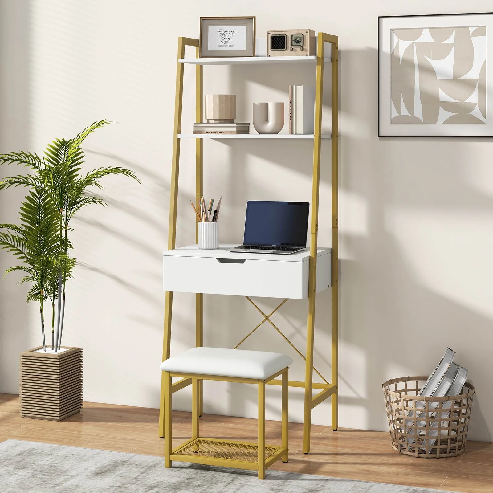 2 Costway Ladder Vanity Table Stool Set Makeup Desk Dressers w/Open Shelf & Compartment, 2 of 4