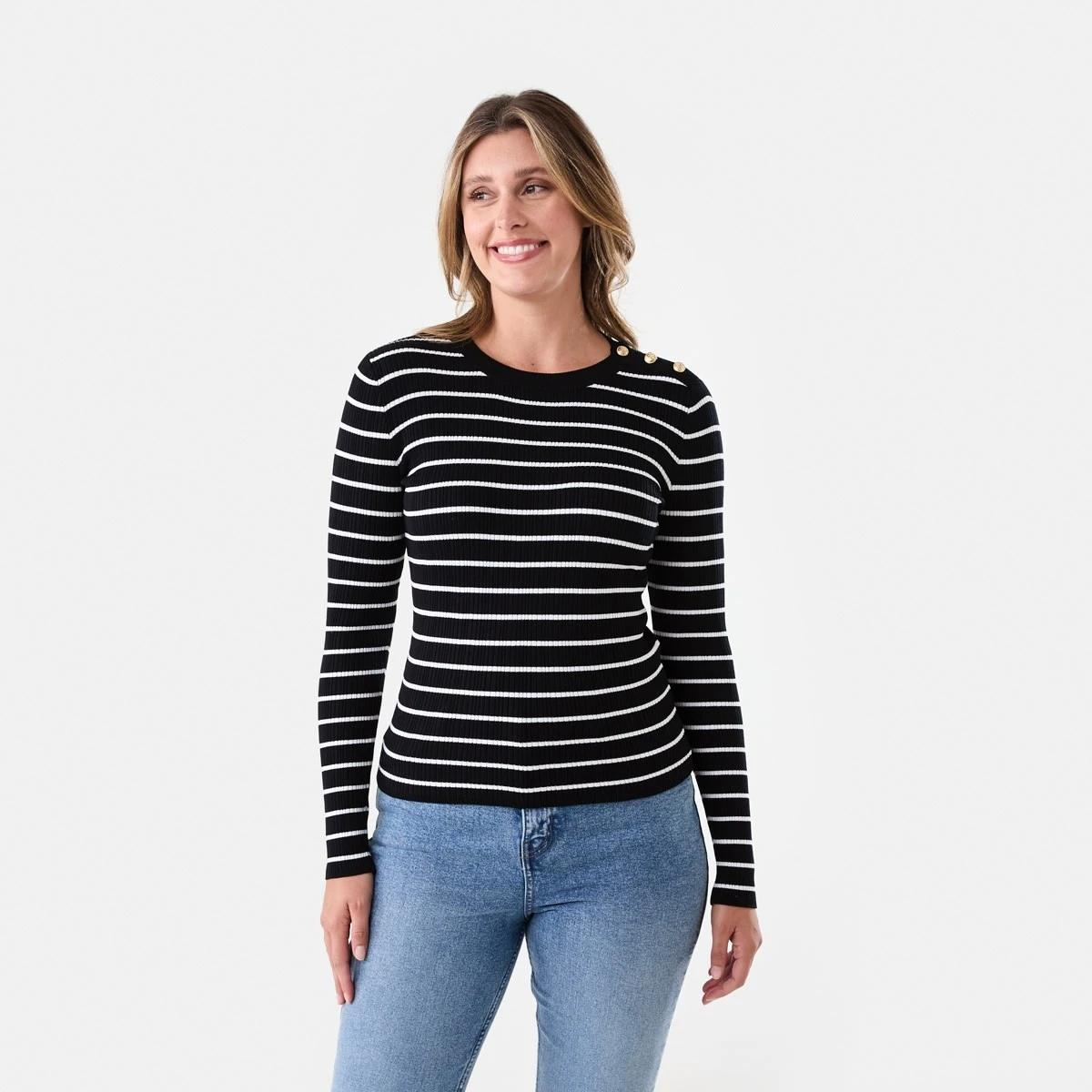 1 Long Sleeve Button Detail Top Ecru Strp, 1 of 6