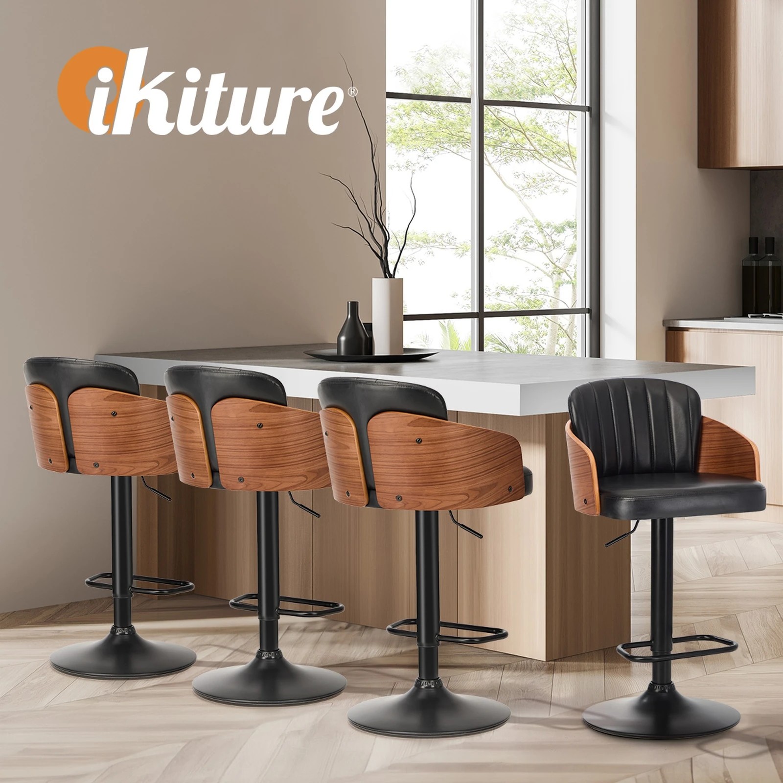 6 Oikiture 2x Bar Stools Adjustable Counter Height Stool Swivel Leather - Black, 6 of 9