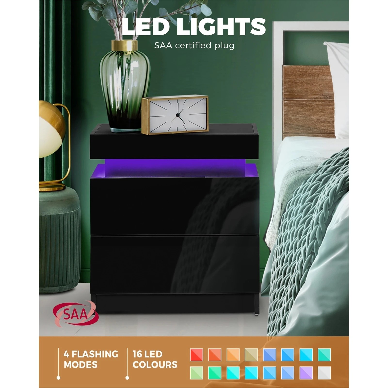 4 Oikiture Bedside Table Rgb Led Nightstand Cabinet 2 Drawers
 - Black, 4 of 10
