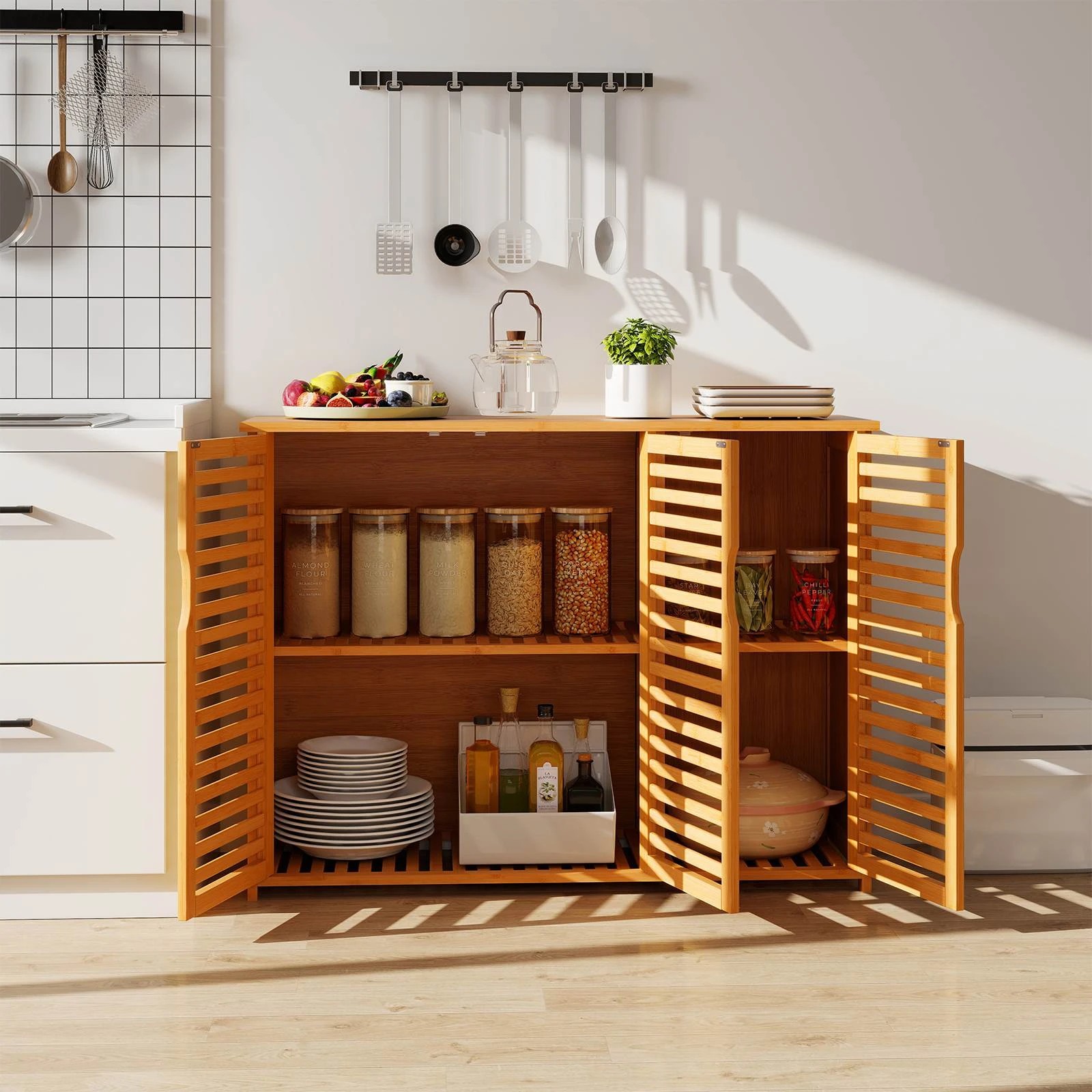 4 Costway Bamboo Bathroom Cabinet 3-Door Storage Organizer Freestanding Storage Unit, 4 of 4