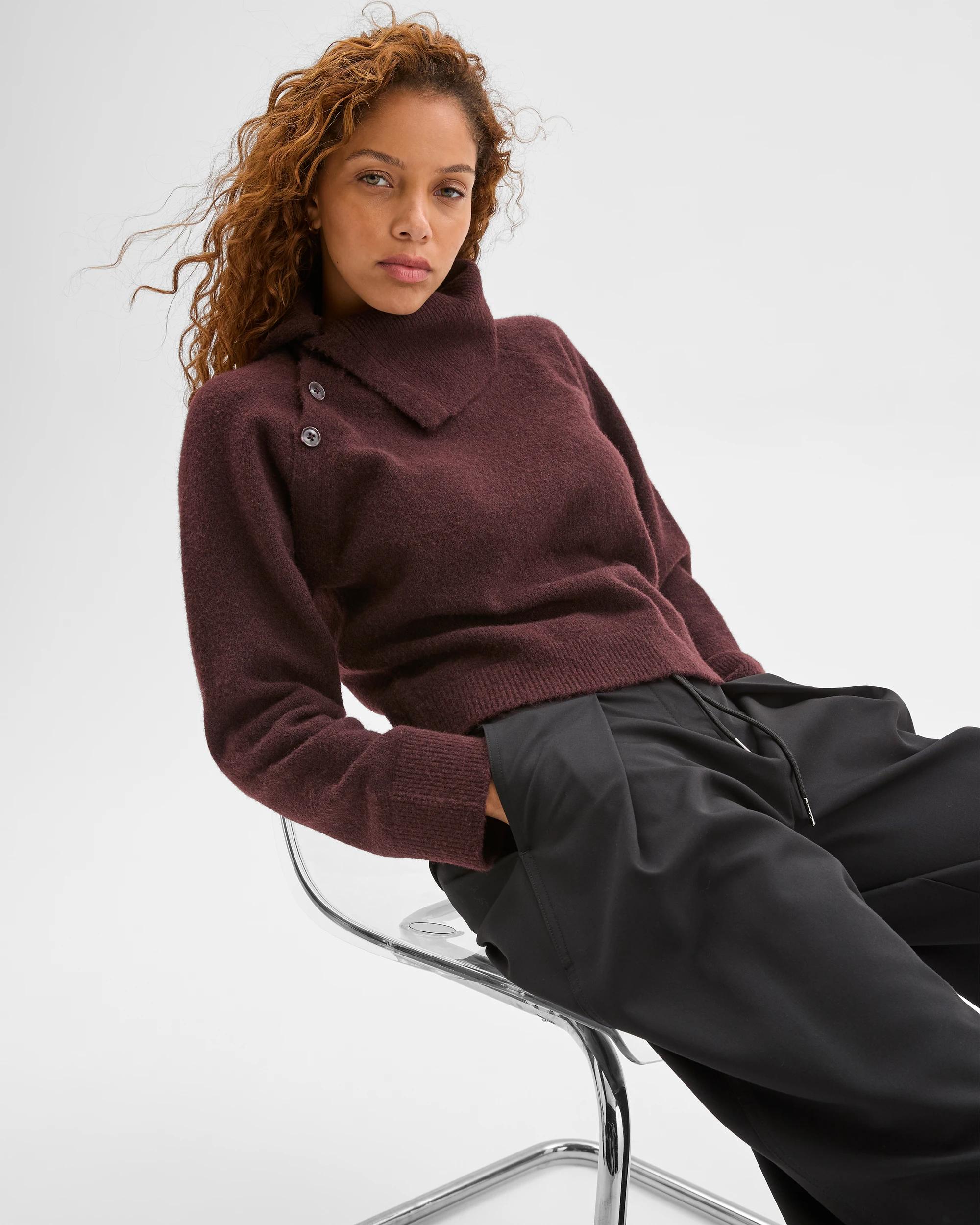 1 Preview Long Sleeve Asymmetric Fold Over Collar Sweater DARK CHCOCOLATE, 1 of 6