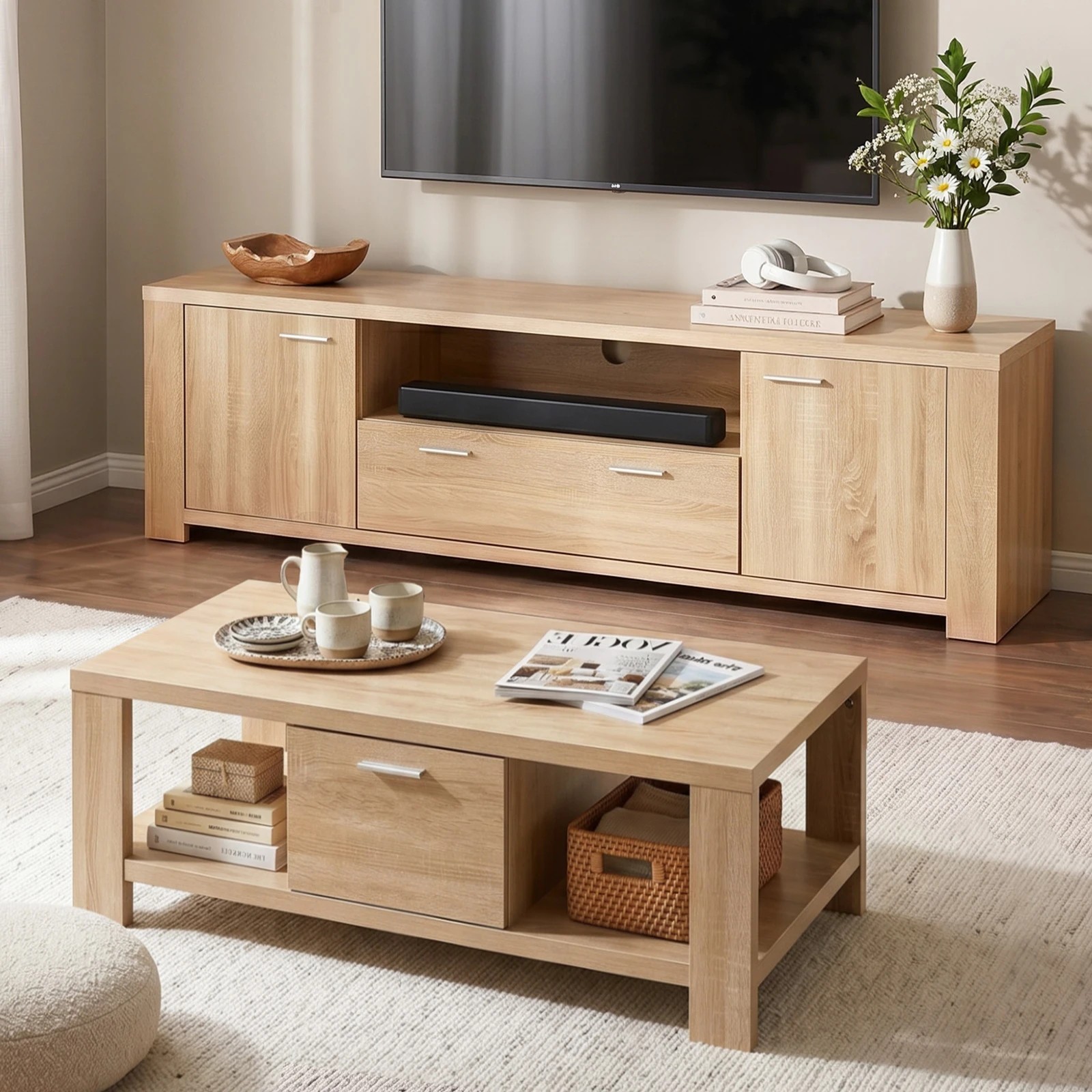 8 Artiss TV Unit & Coffee Table Set Storage Drawer - Natural, 8 of 8