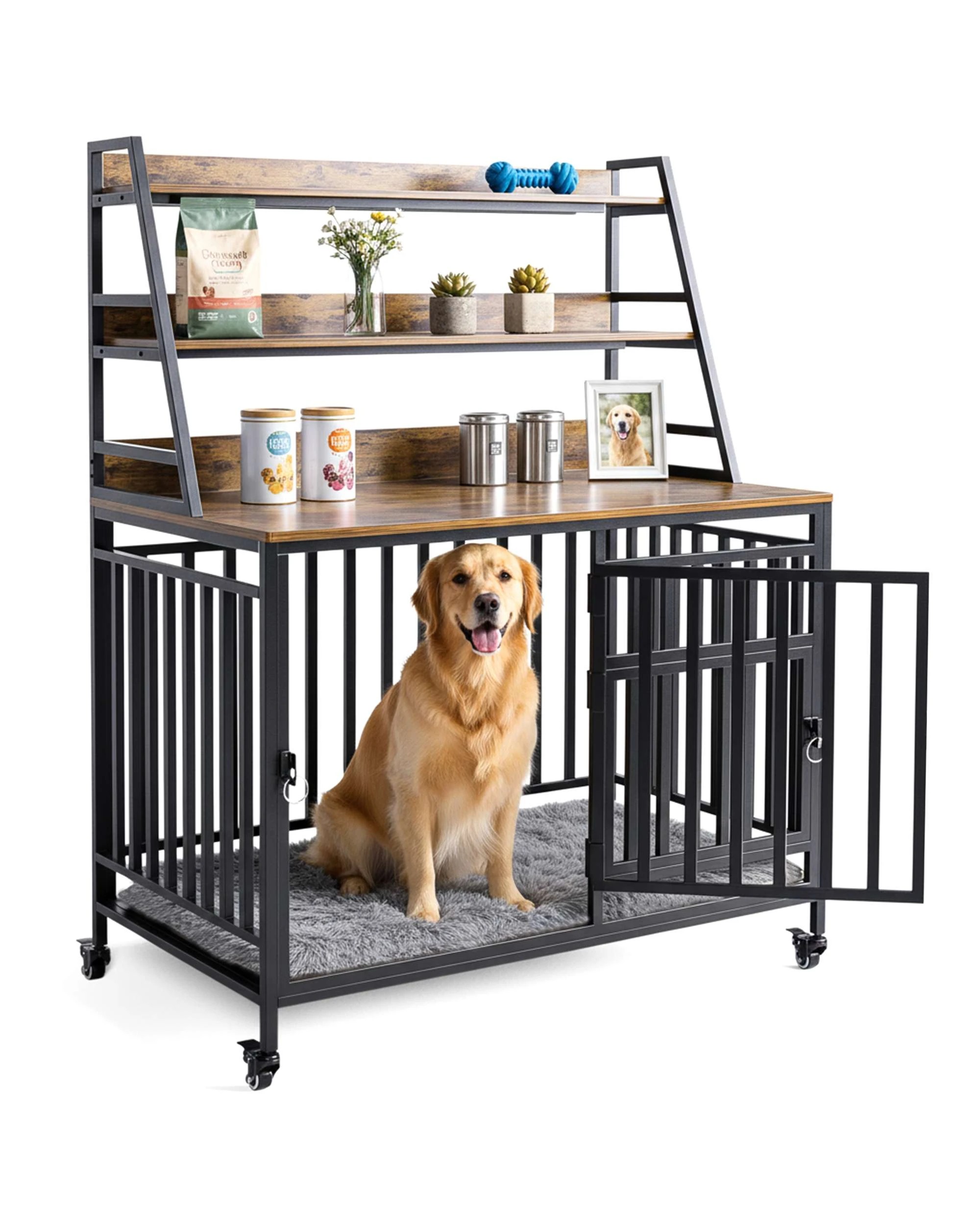 1 Advwin Wooden Wire Dog Kennel Side End Table Steel Puppy Crate, 1 of 8