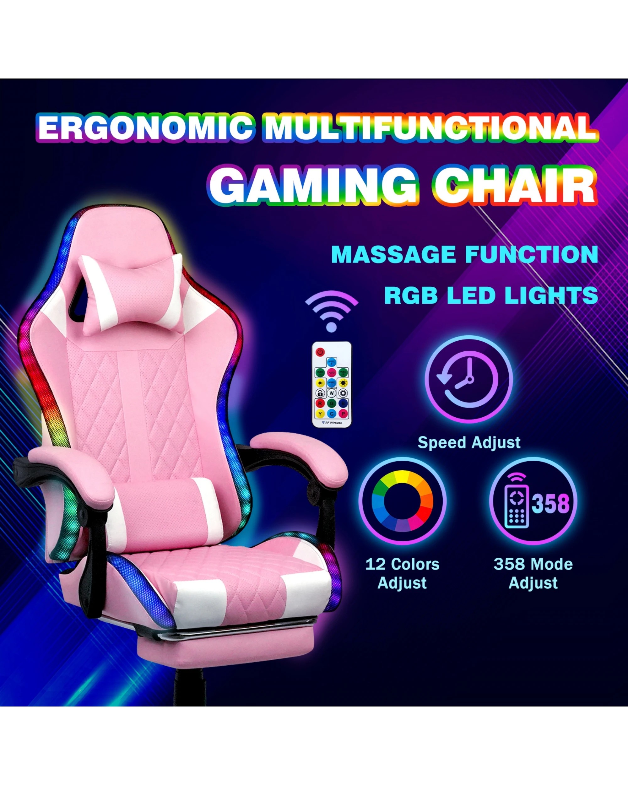 5 Advwin Gaming Chair With Massagers And LED Lights, Executive Office Chair With 135° Recline, Racing Computer Chair, 5 of 9