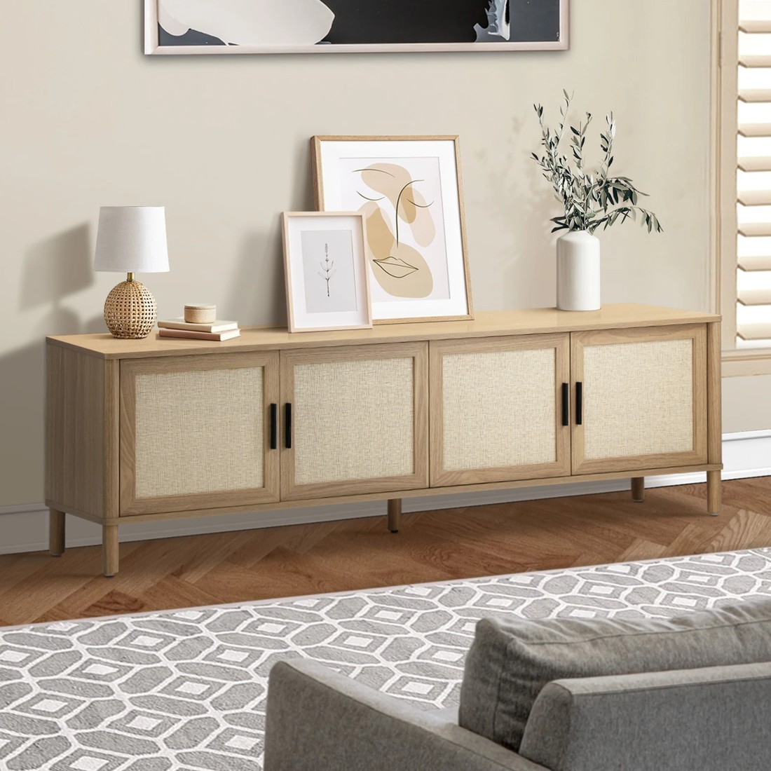 3 Oikiture Tv Cabinet Entertainment Unit Rattan Door 160cm
 - Natural, 3 of 10