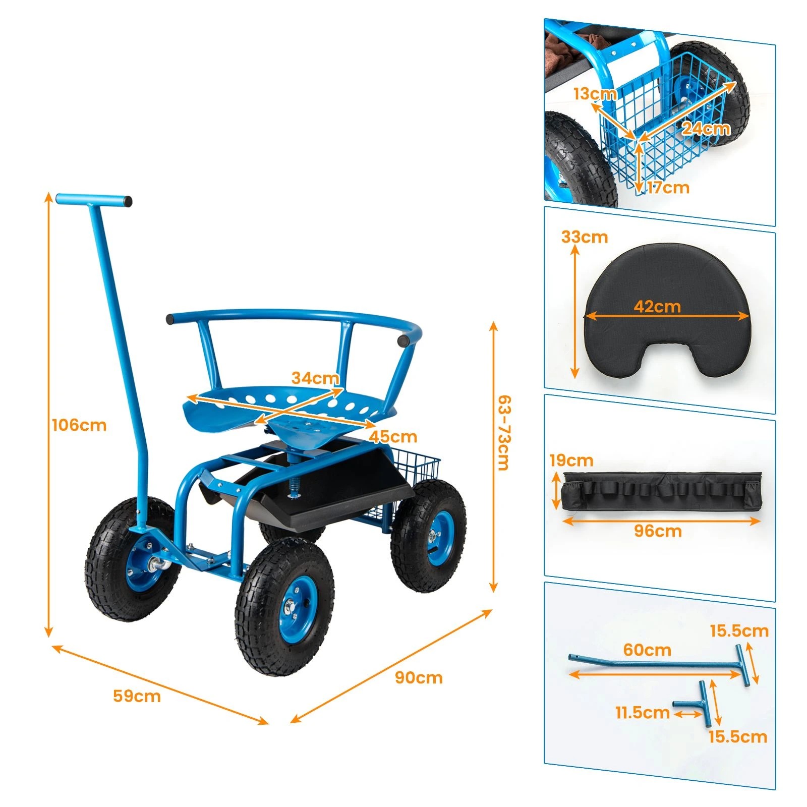3 Costway Garden Cart Mobile Garden Workseat w/Wheels & Tool Tray Wagon Scooter 2 Steering Handles - Blue, 3 of 3