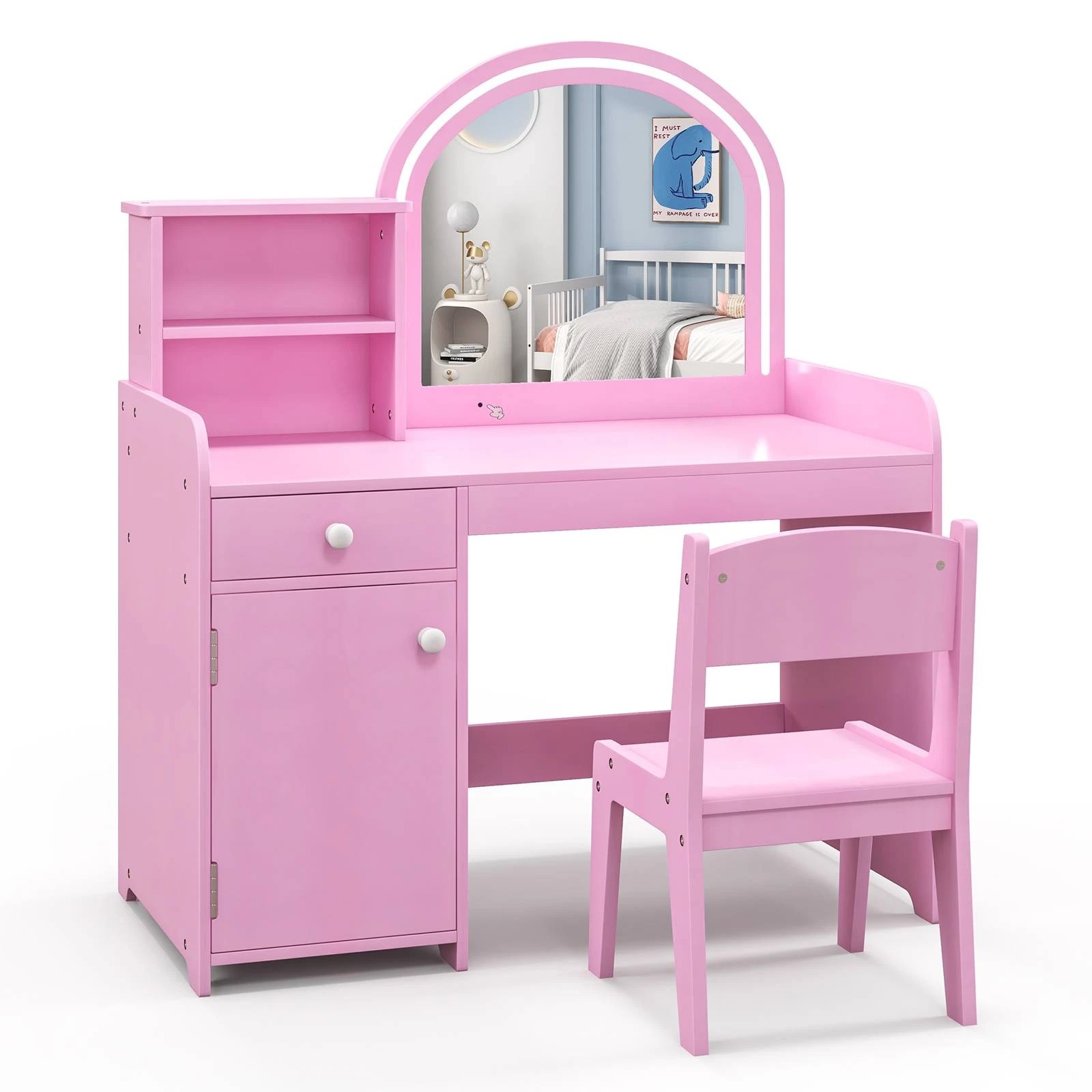 1 Costway Vanity Table & Chair Set Princess Makeup Dressing Table w/2-Color LED Lights - Pink, 1 of 4
