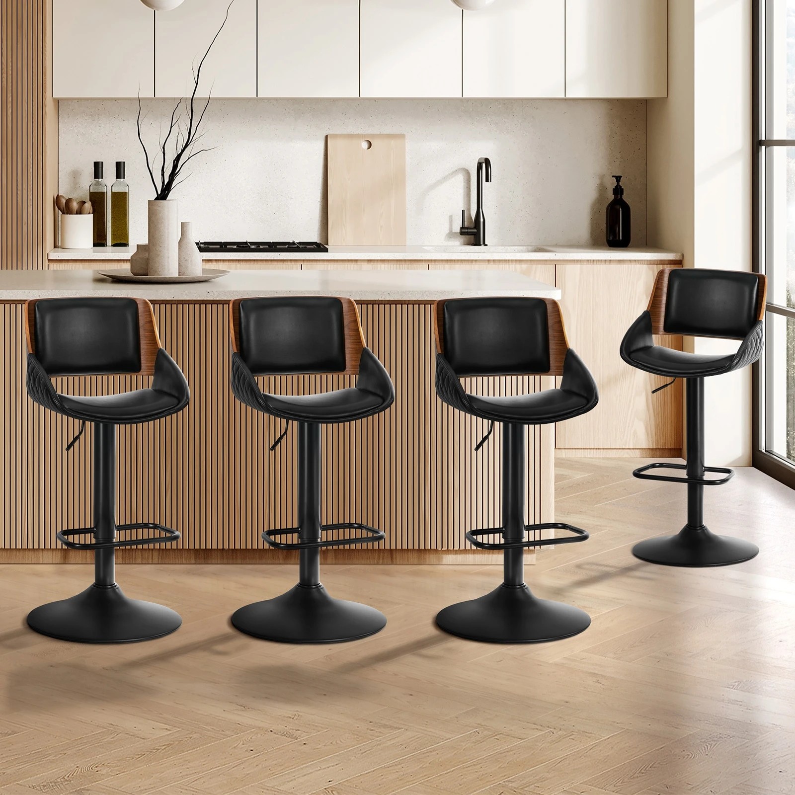 2 Oikiture 4x Bar Stools Kitchen Dining Chairs Swivel Gas Lift Stool Leather Black - Black, 2 of 7