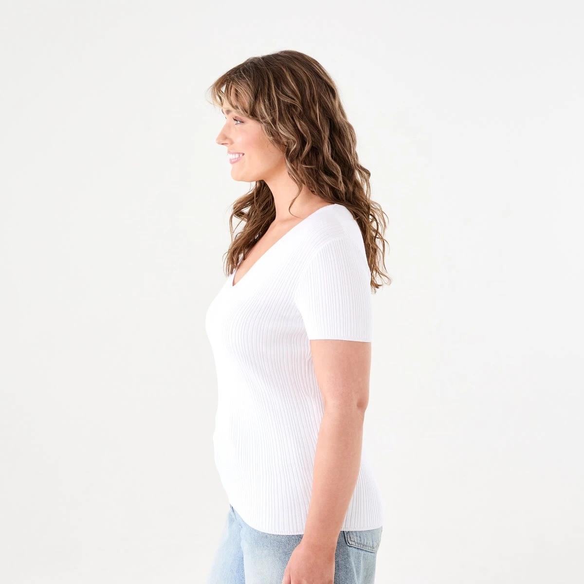 2 Short Sleeve True Knit V-Neck Rib Top WHITE, 2 of 5