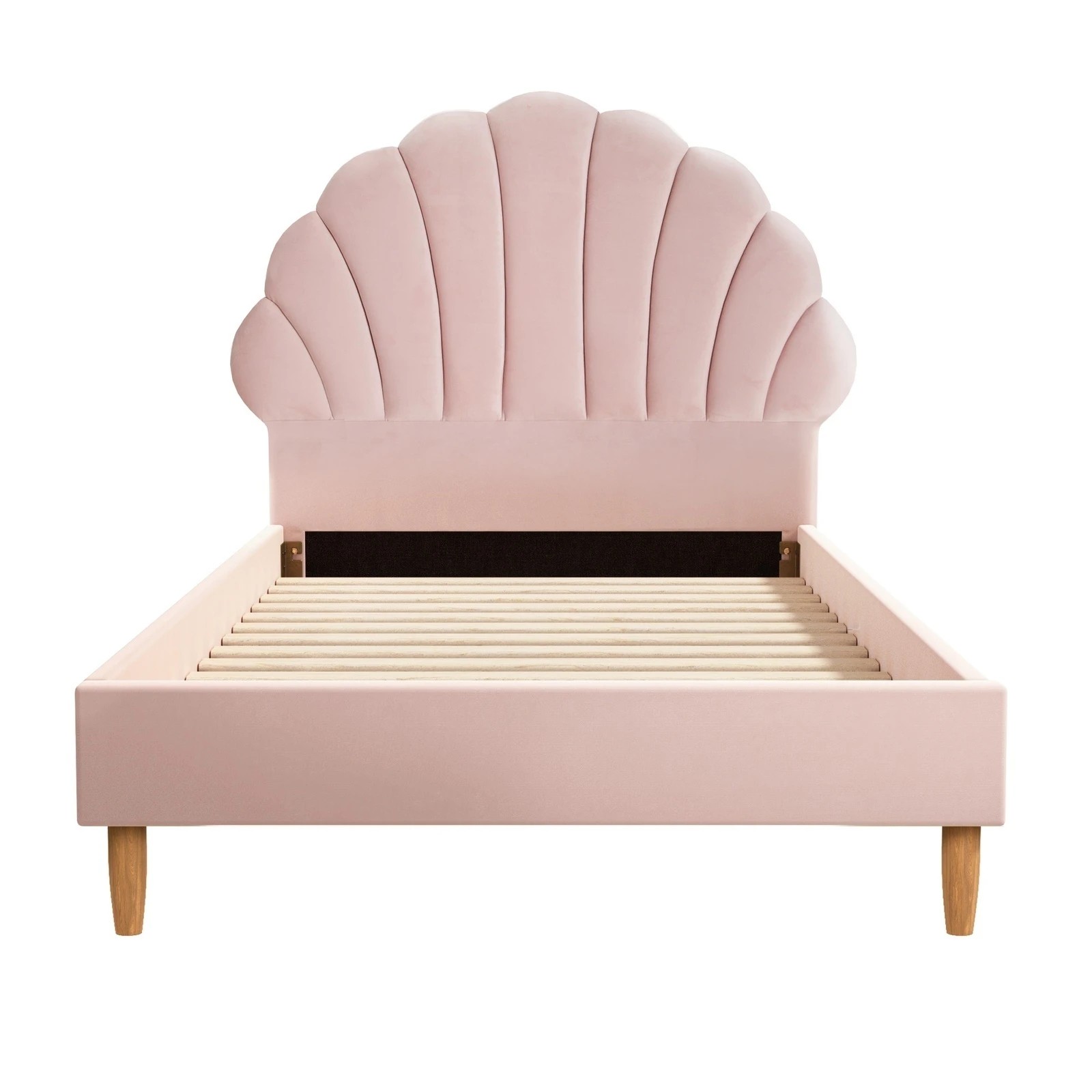7 Oikiture Bed Frame Single Size Scallop-Shape Bedhead Velvet with Mattress - Pink, 7 of 7