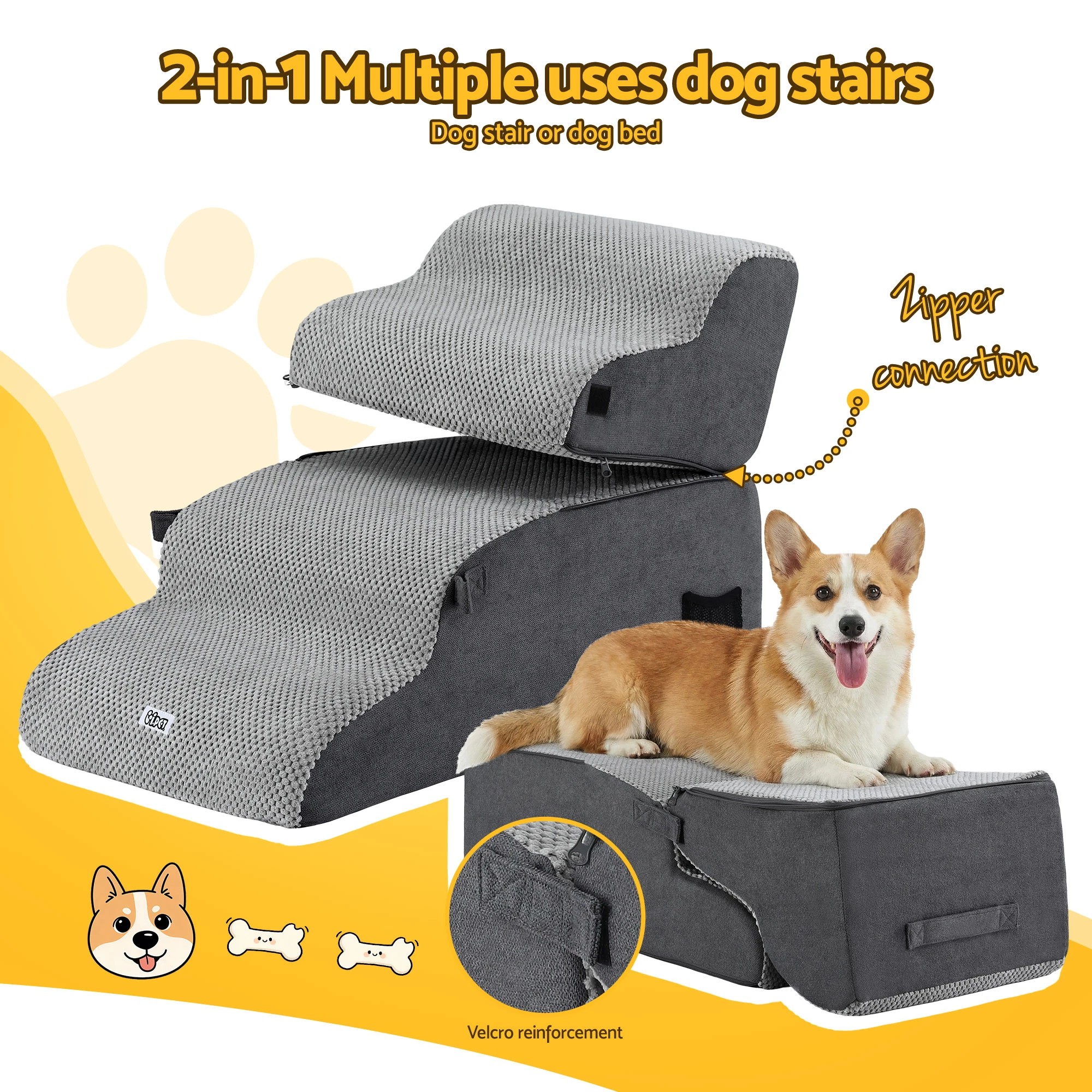 2 i.Pet Dog Stairs and Bed 2-in-1 Sofa Car Foam Non-Slip Washable Pet Stairs - Grey, 2 of 6