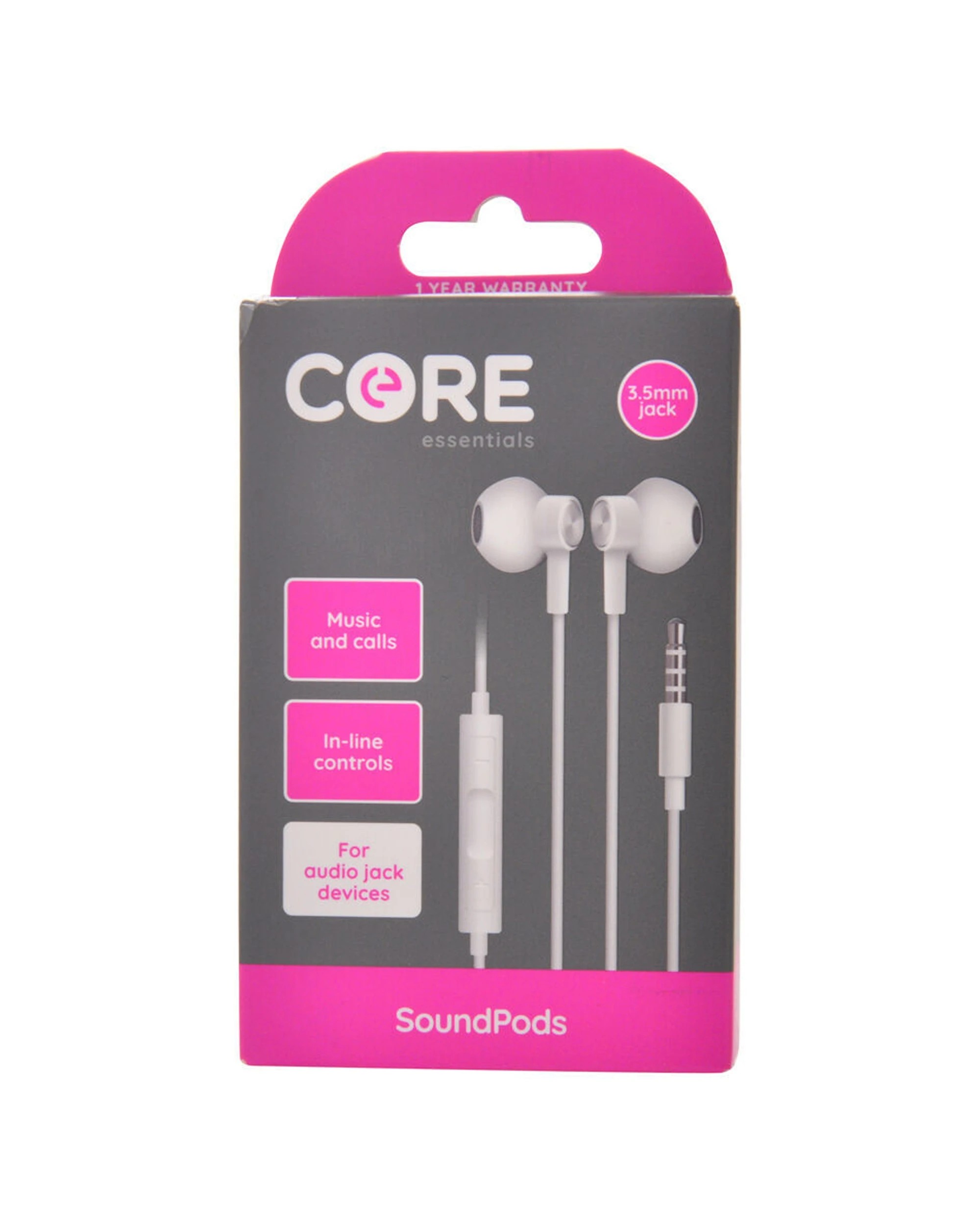2 Core Essentials Soundpods In-Ear Earphones 2PK Wired With Mic 3.5mm Cable 1.2m
 - white, 2 of 4
