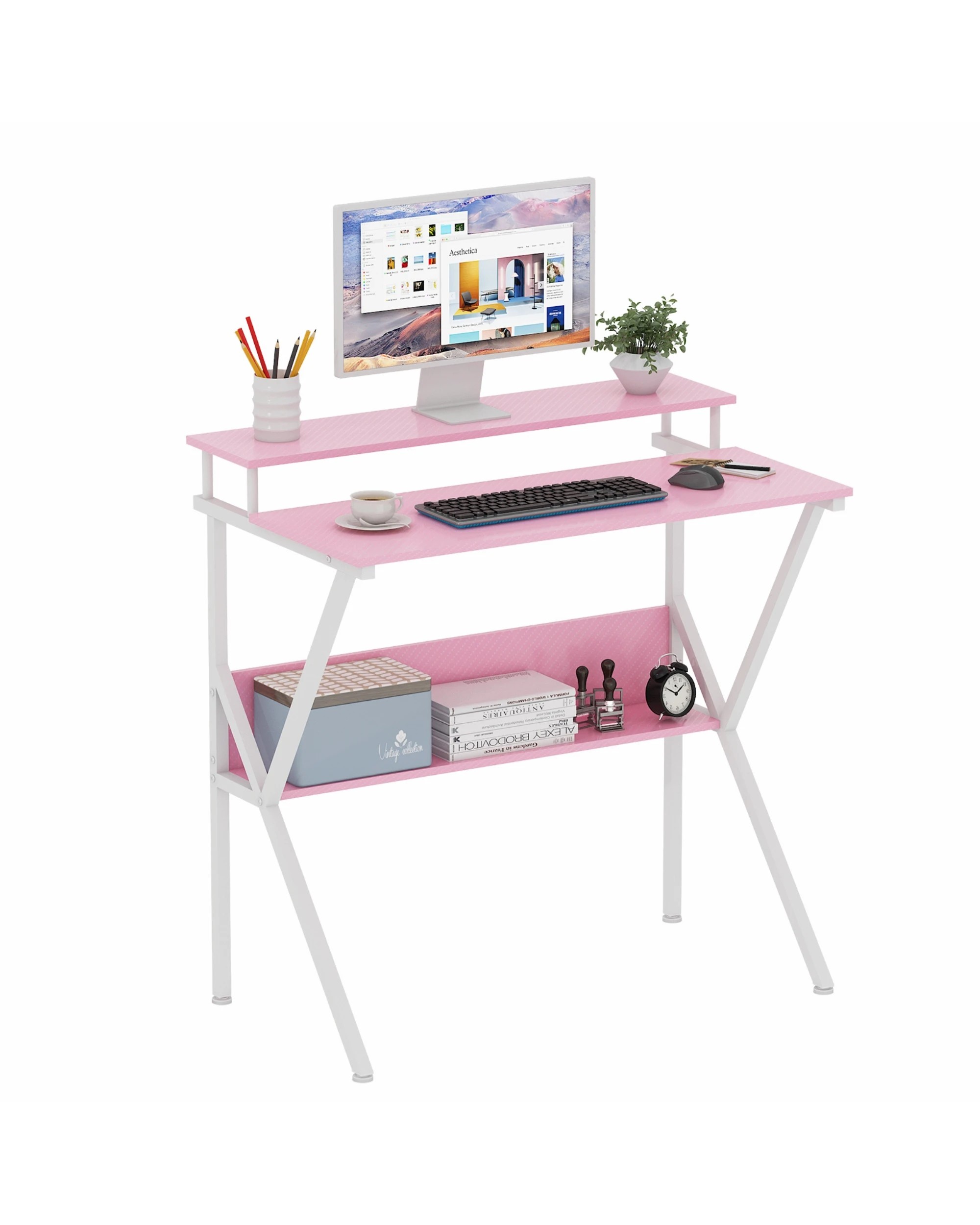 1 Advwin 80cm Small Computer Desk with Monitor Stand Writing Table with Shelf, 1 of 10