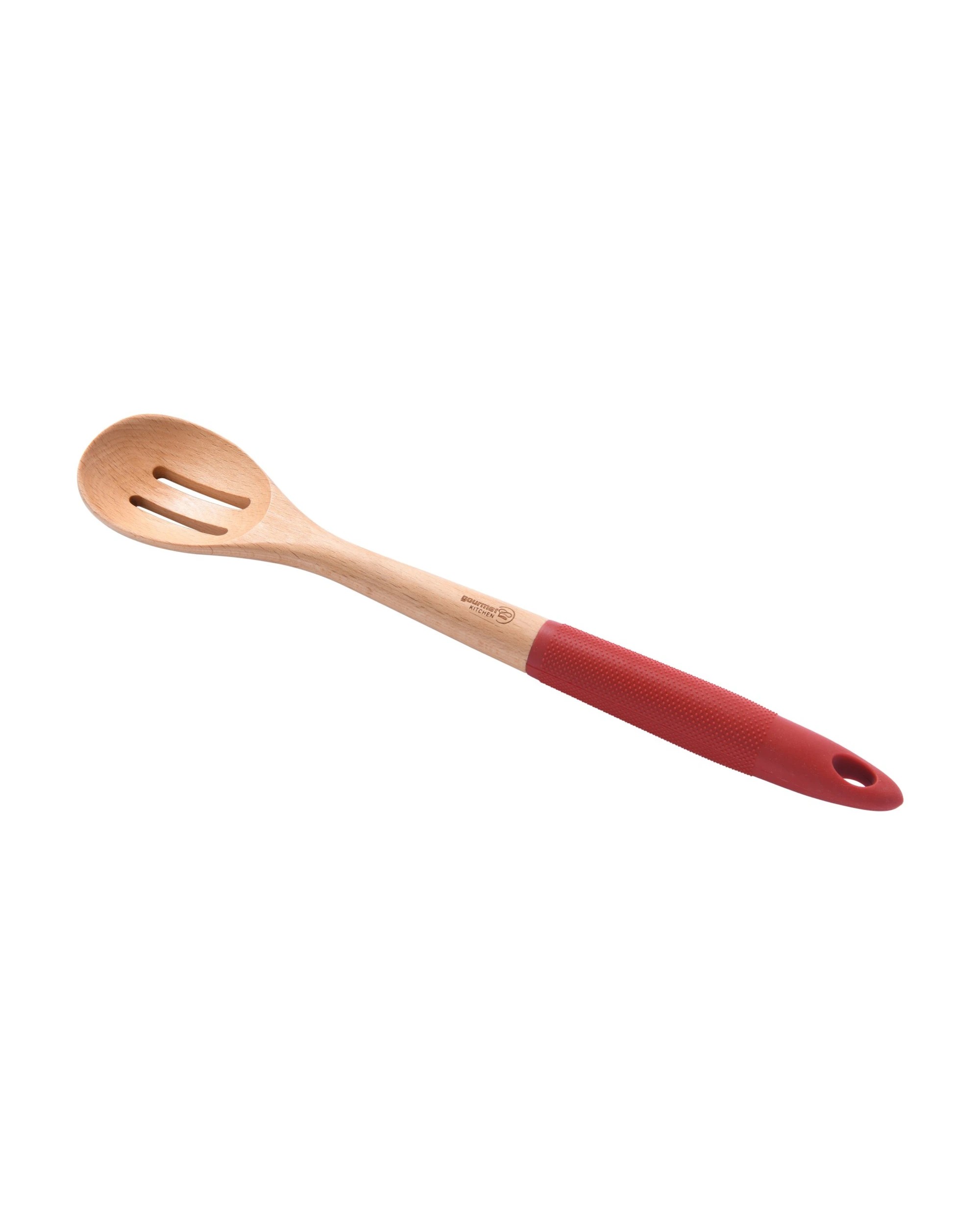 1 Gourmet Kitchen Rustic Beech Wood Slotted Spoon with Silicone Grip - Red, 1 of 8