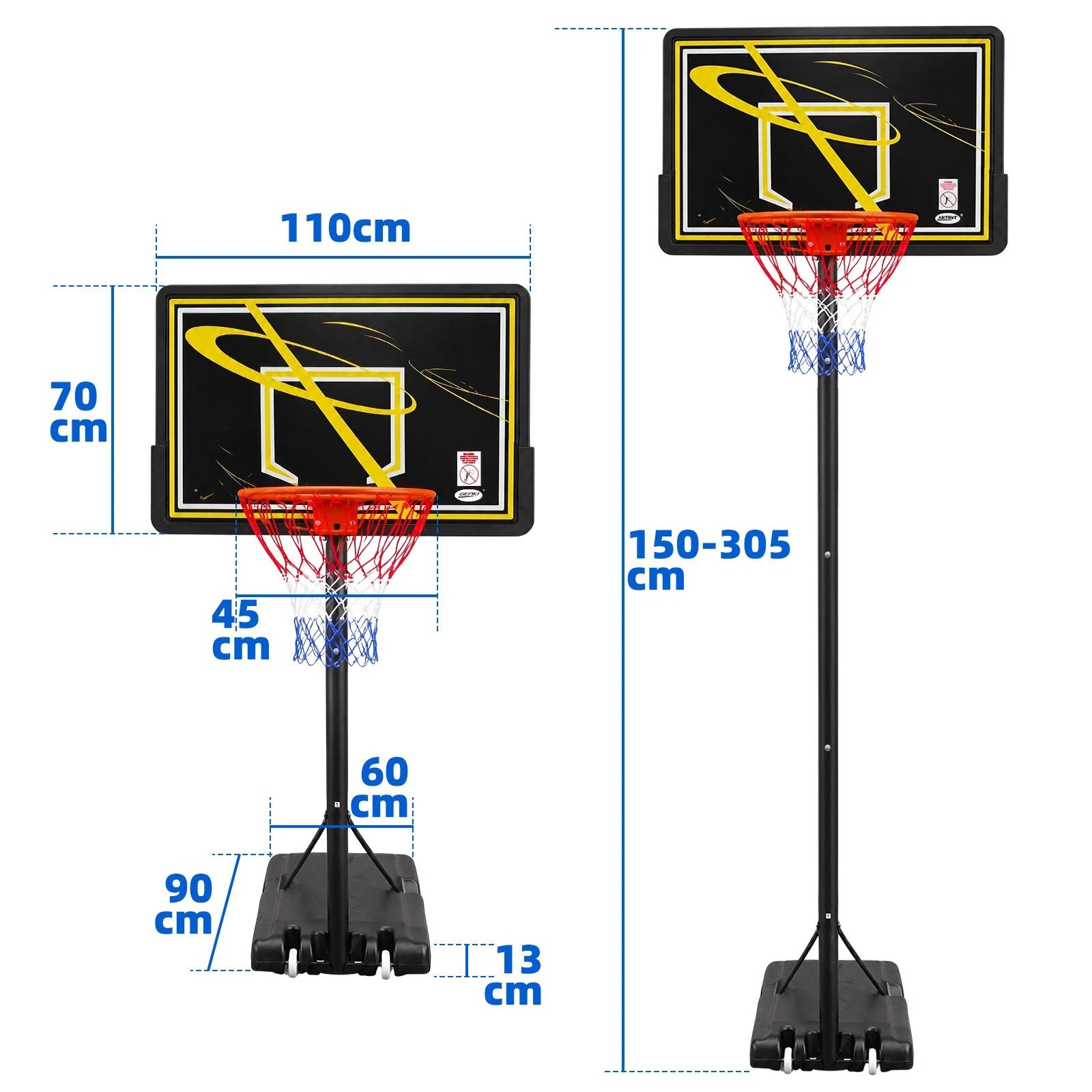 3 Genki Portable Basketball Hoop Stand 1.5-3.05m Adjustable Height System with Backboard Net, 3 of 7
