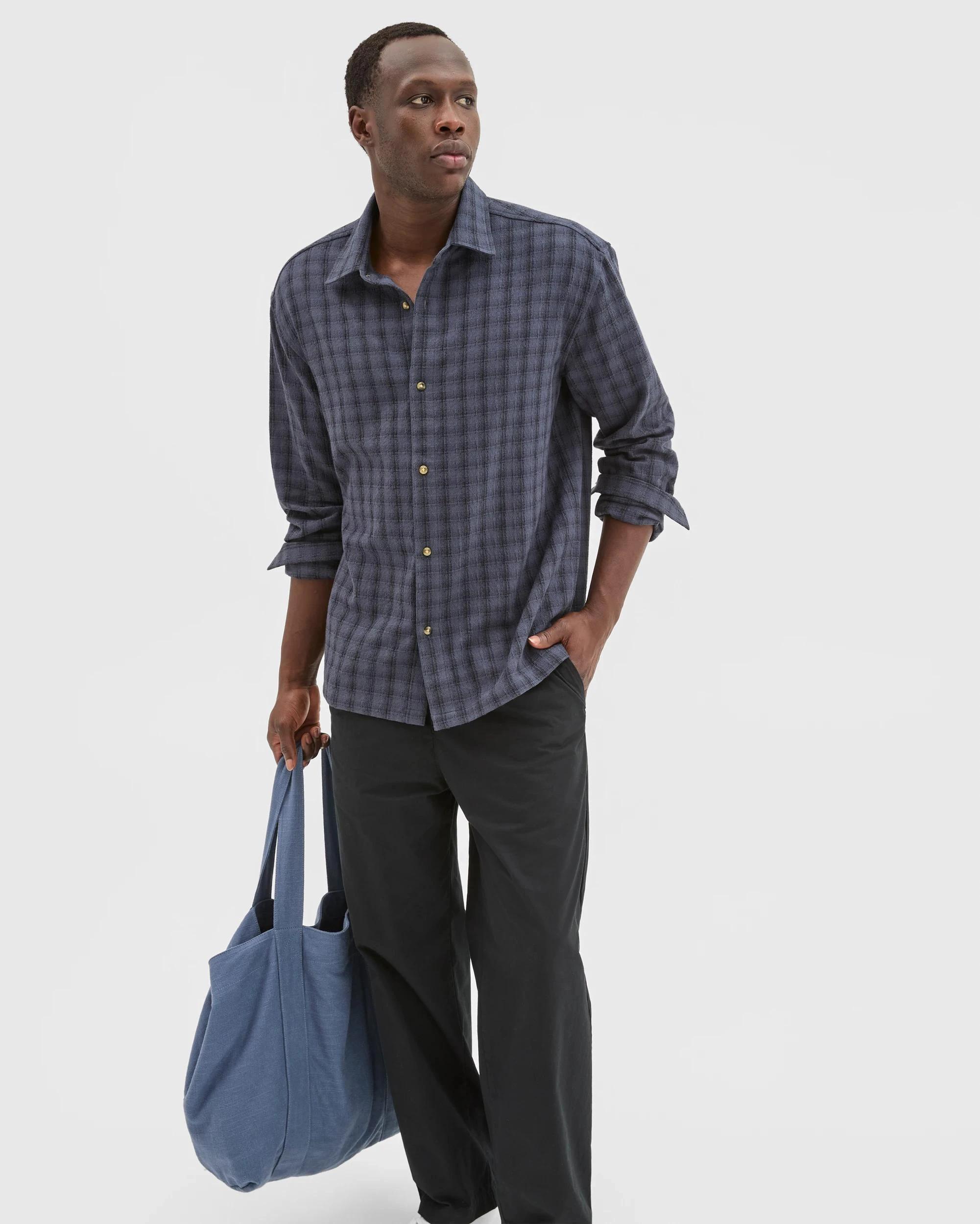 6 Commons Australian Cotton Boxy Fit Long Sleeve Textured Shirt NAVY CHECK, 6 of 7