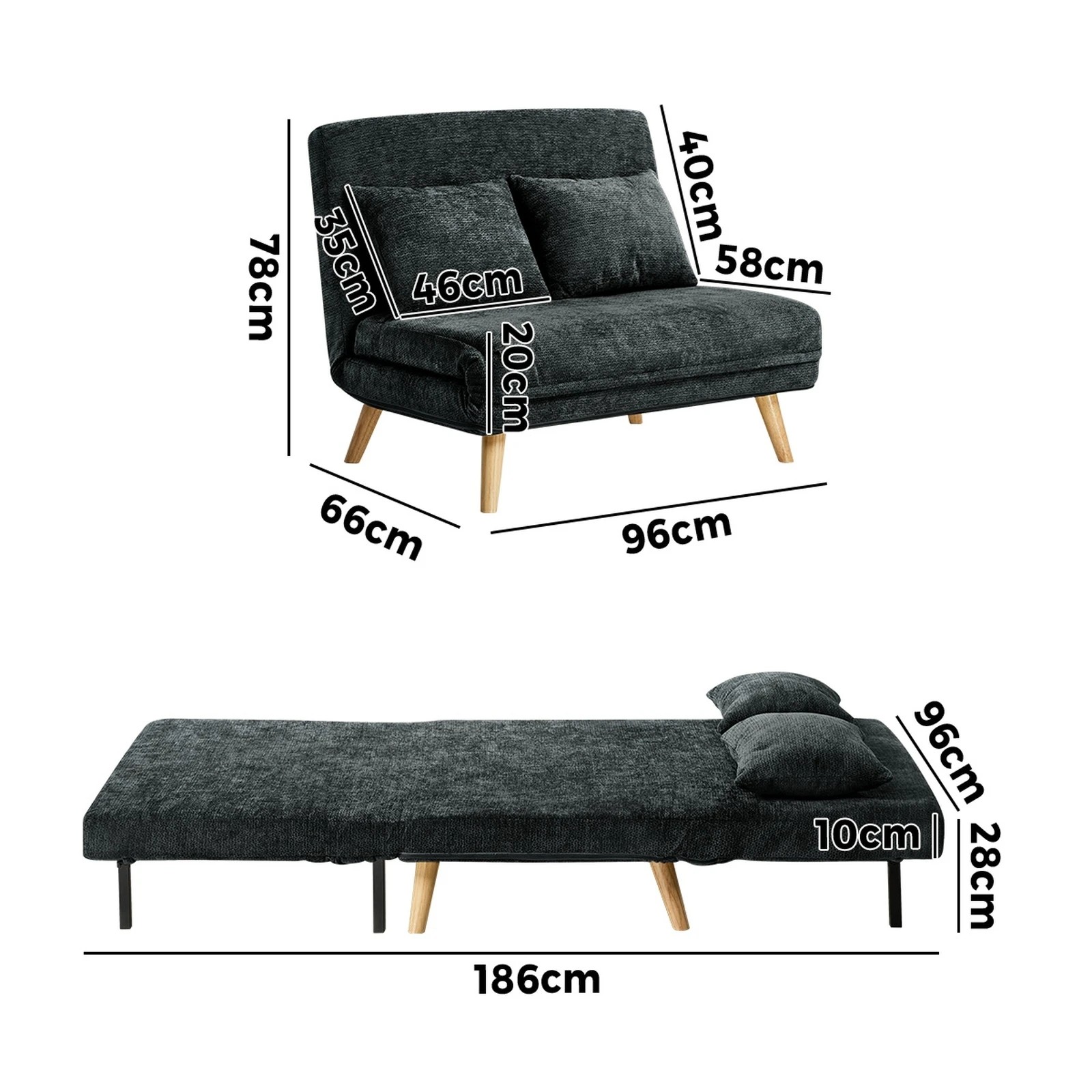 2 Oikiture Double Sofa Bed Lounge Recliner Love Seat Chenille - Charcoal, 2 of 10