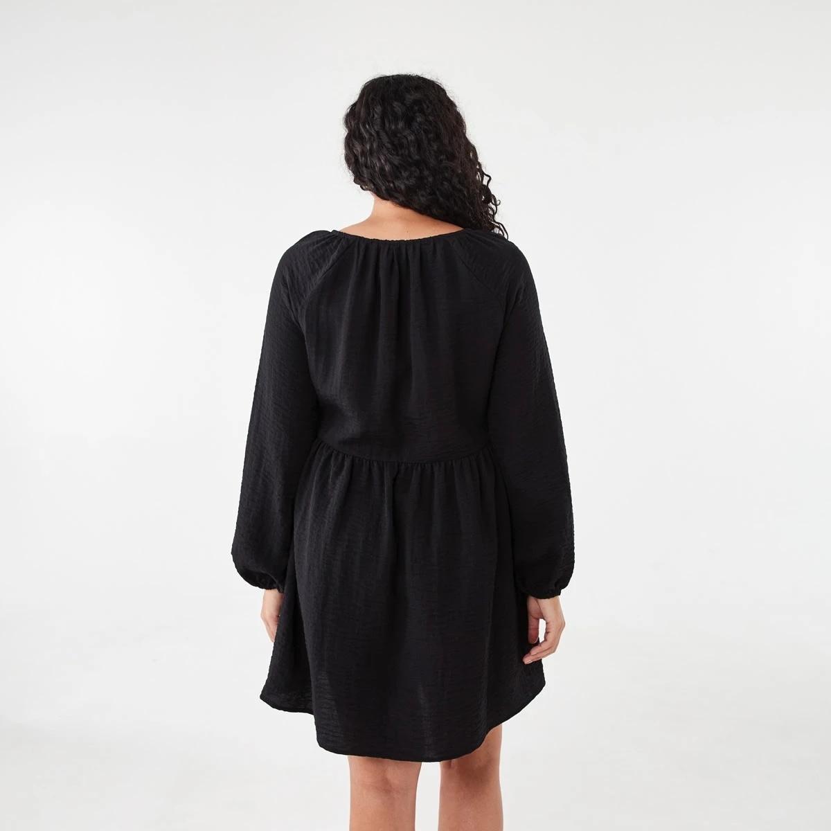 3 Long Sleeve Textured Smock Mini Dress Black, 3 of 7