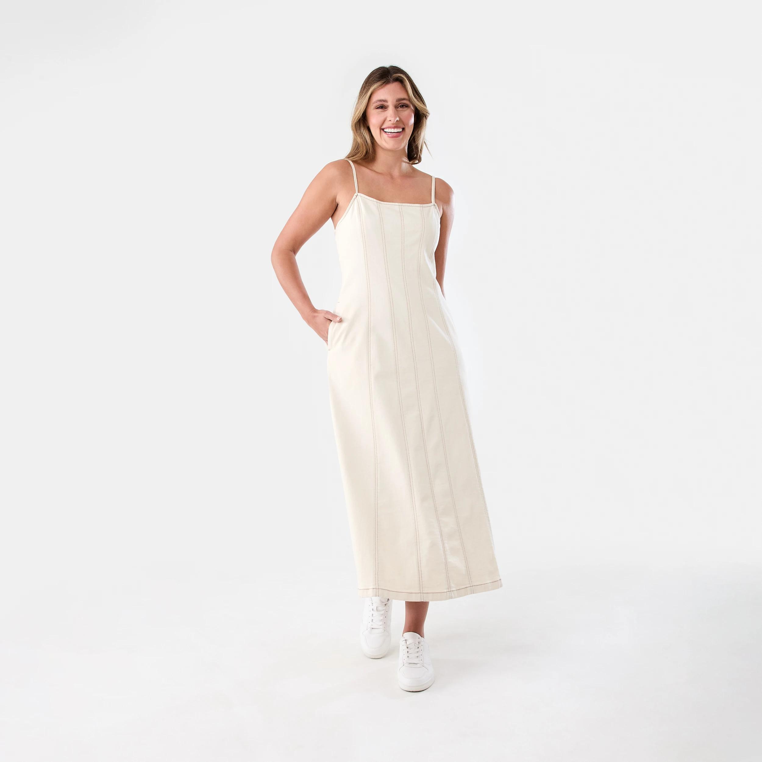 1 Sleeveless Denim Swing Maxi Dress Ecru, 1 of 7