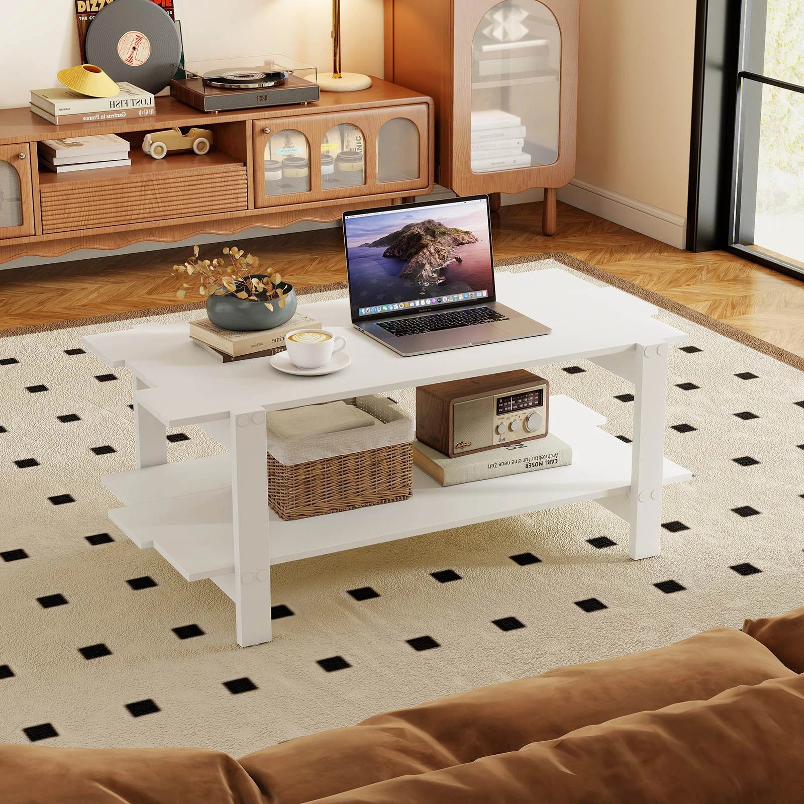 2 Costway 2-Tier Coffee Table Slatted Wood Center Table Rectangular Cocktail Table, 2 of 3