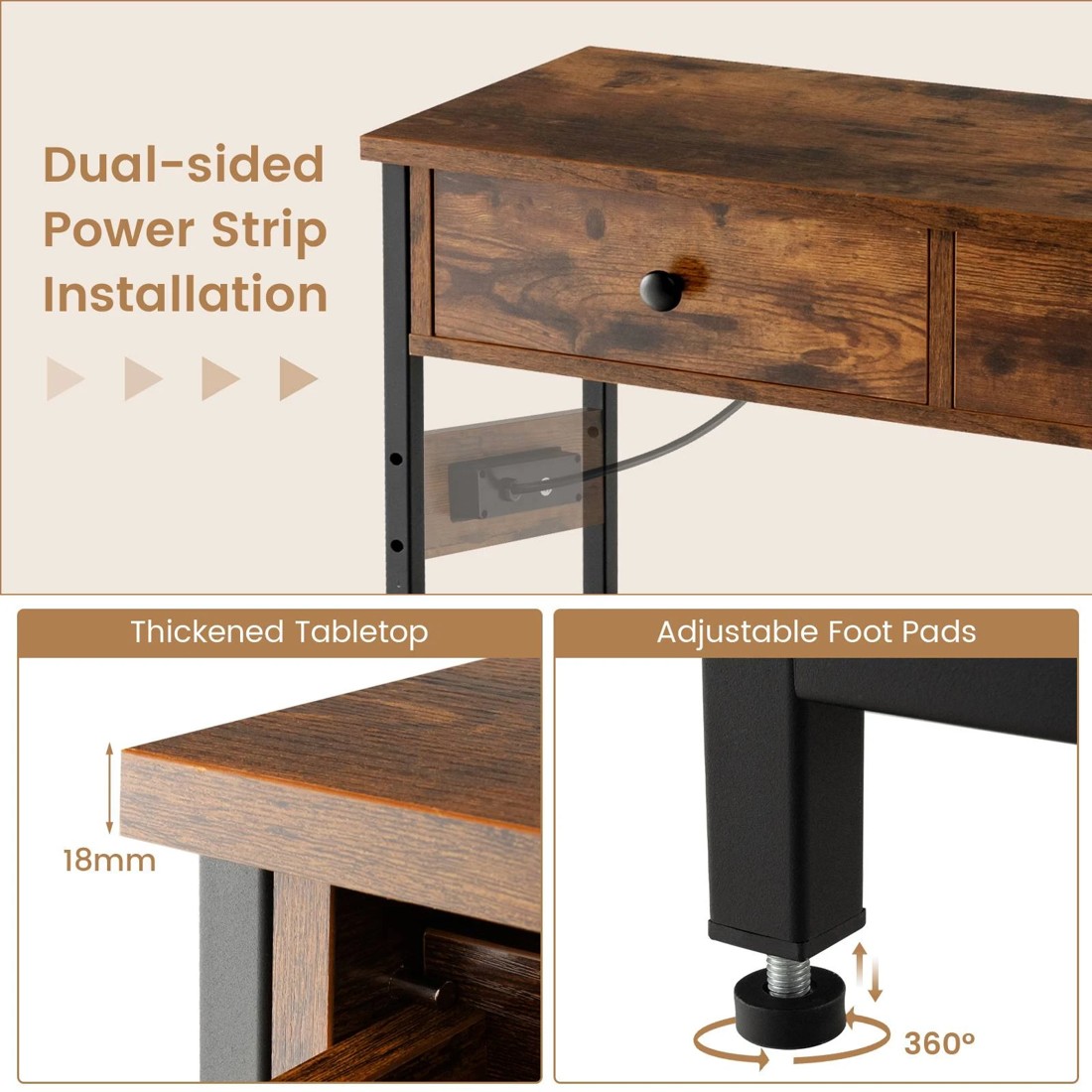 6 Costway 3-Tier Industrial Console Table w/Charging Station Hallway Table - Brown, 6 of 10