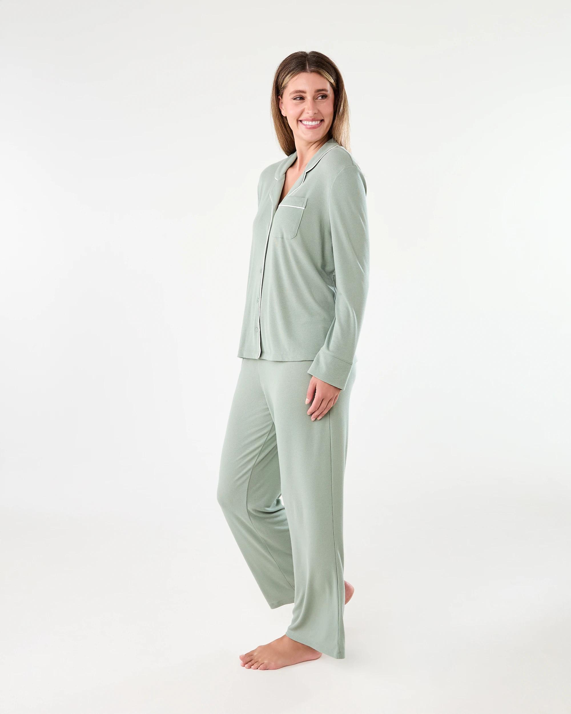 2 Long Sleeve Top and Pants Comfort Rib Pyjama Set Ice Grn, 2 of 8