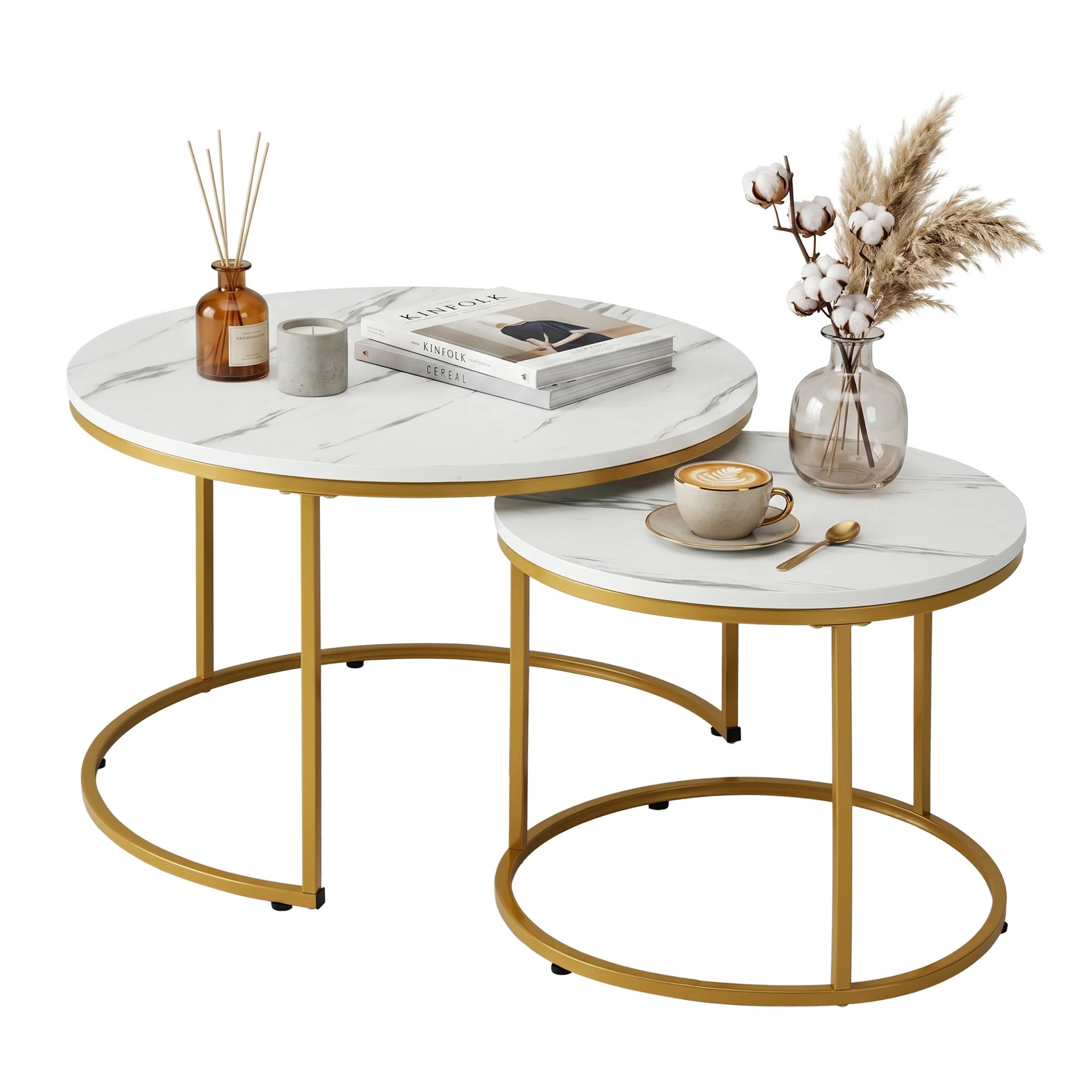 1 Artiss Nesting Coffee Table Set of 2 Round Marble Effect End Side Table 70/50cm - Multi, 1 of 8