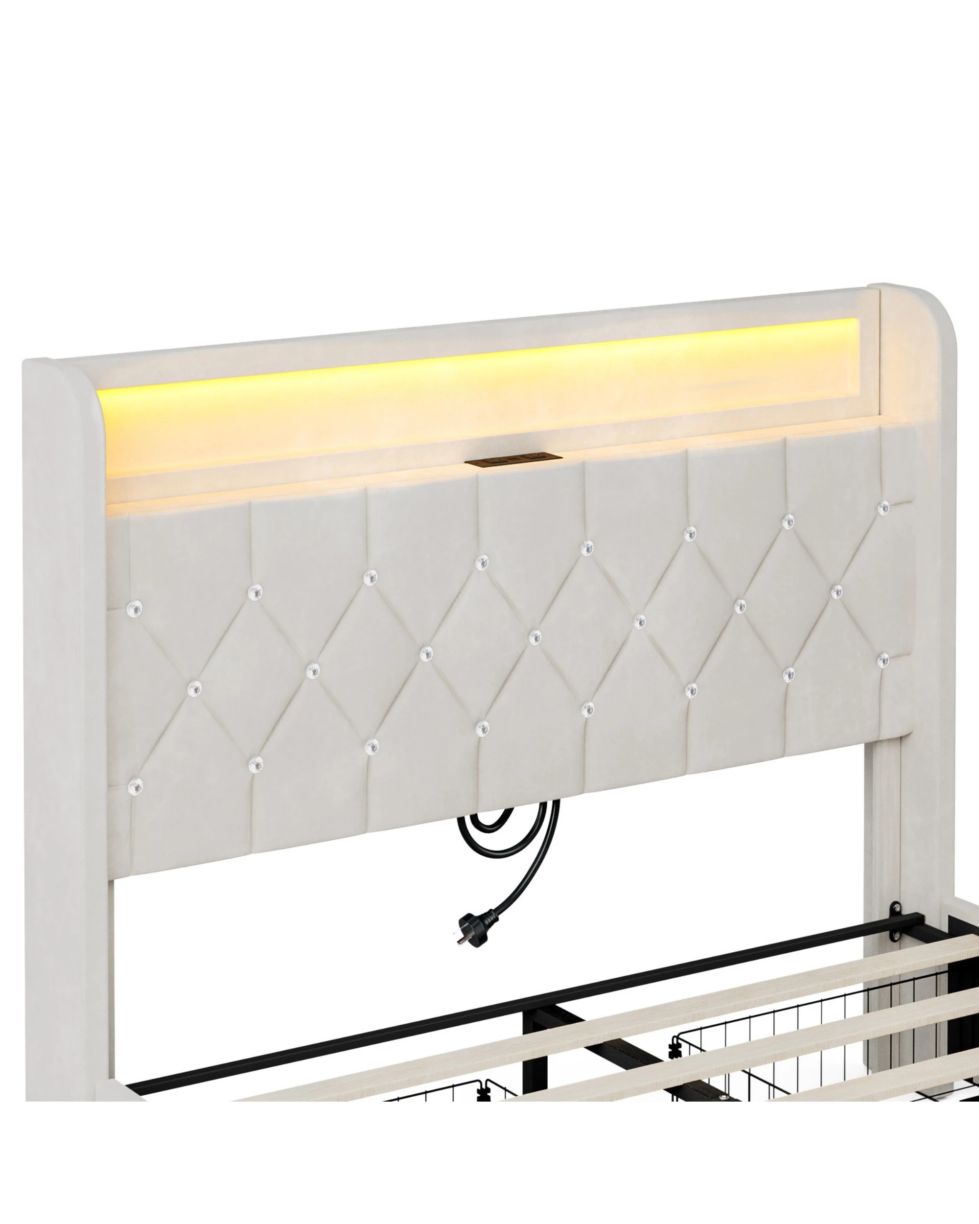 4 Advwin Double LED Bed Frame with Velvet Upholstered Headboard & Charging Station - Beige, 4 of 7